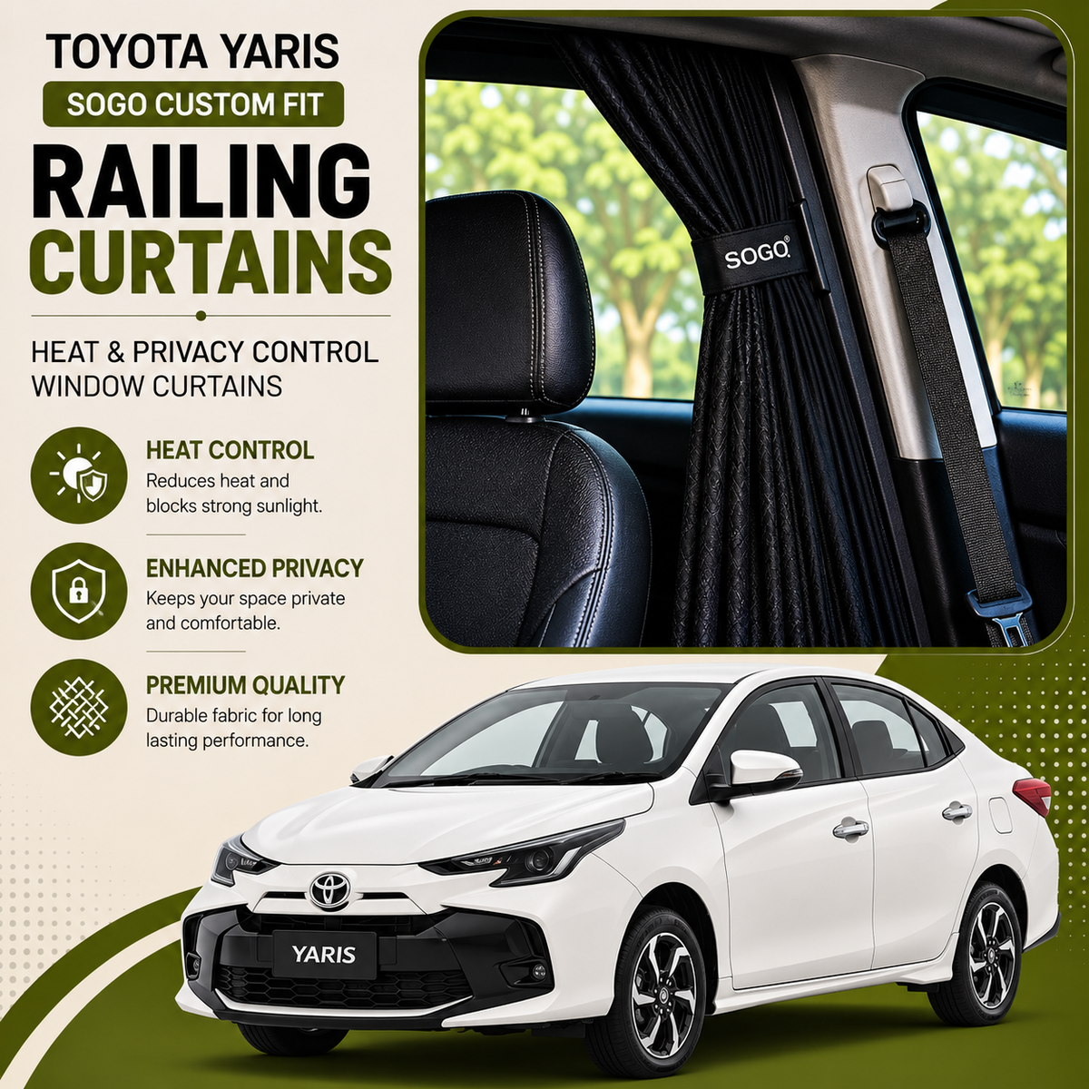 Toyota Yaris 2025-2026 SOGO Custom Fit Railing Curtains | Heat & Privacy Control Window Curtains