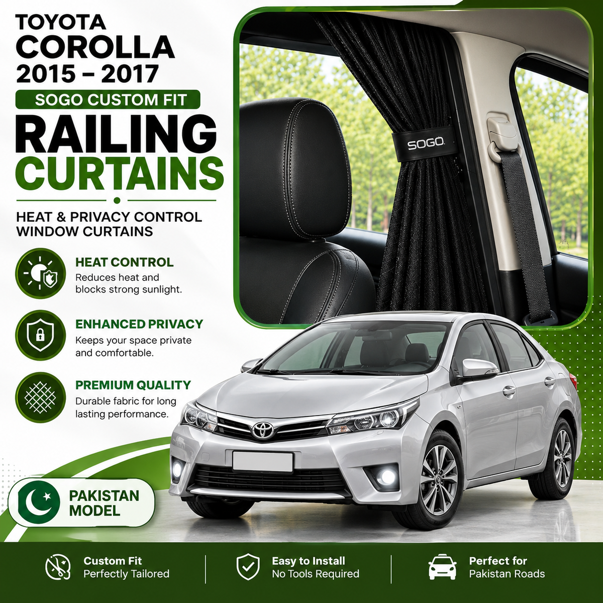Toyota Corolla 2015-2017 SOGO Custom Fit Railing Curtains | Heat & Privacy Control Window Curtains