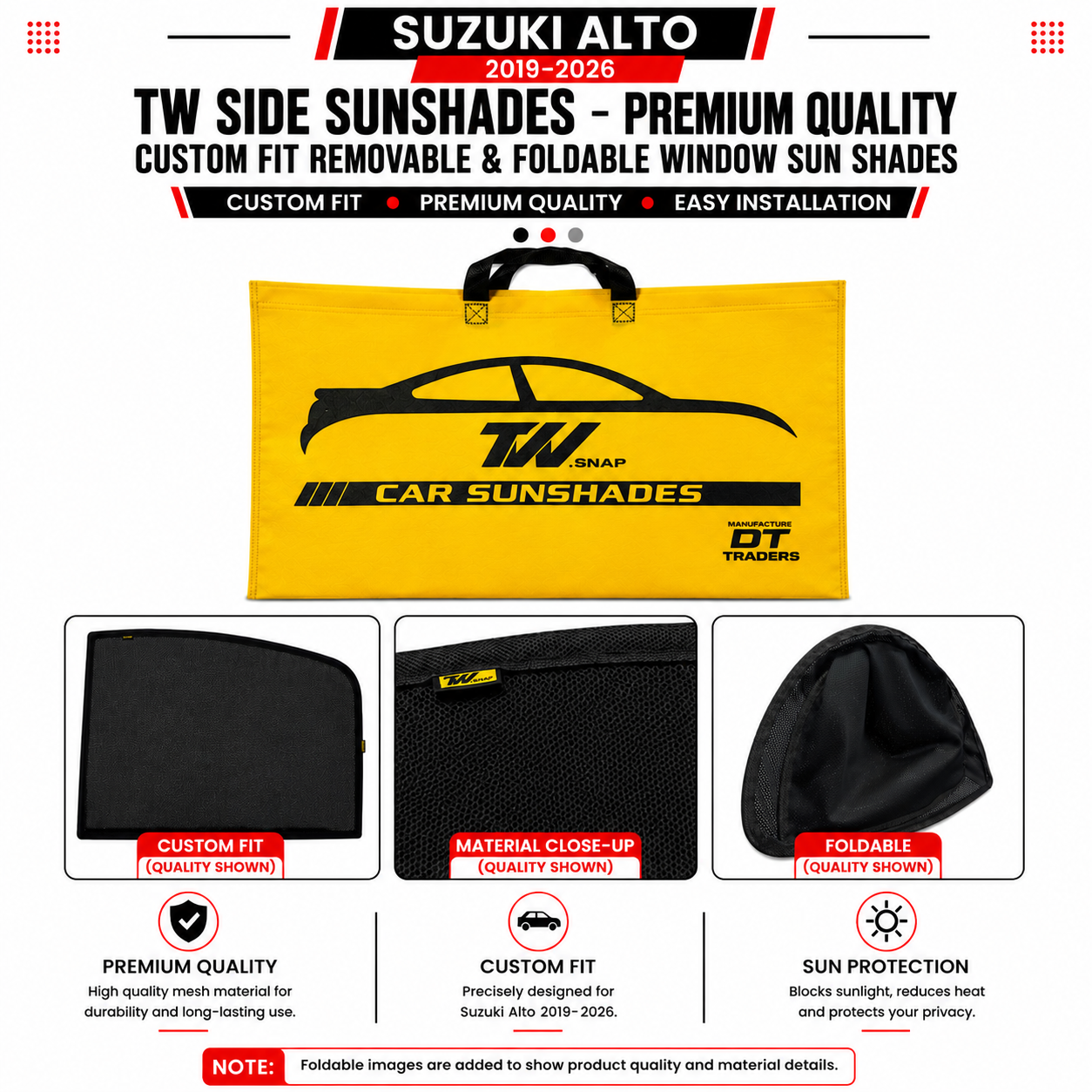 Suzuki Alto 2019–2026 TW Side Sunshades – Premium Quality Custom Fit Removable & Foldable Window Sun Shades