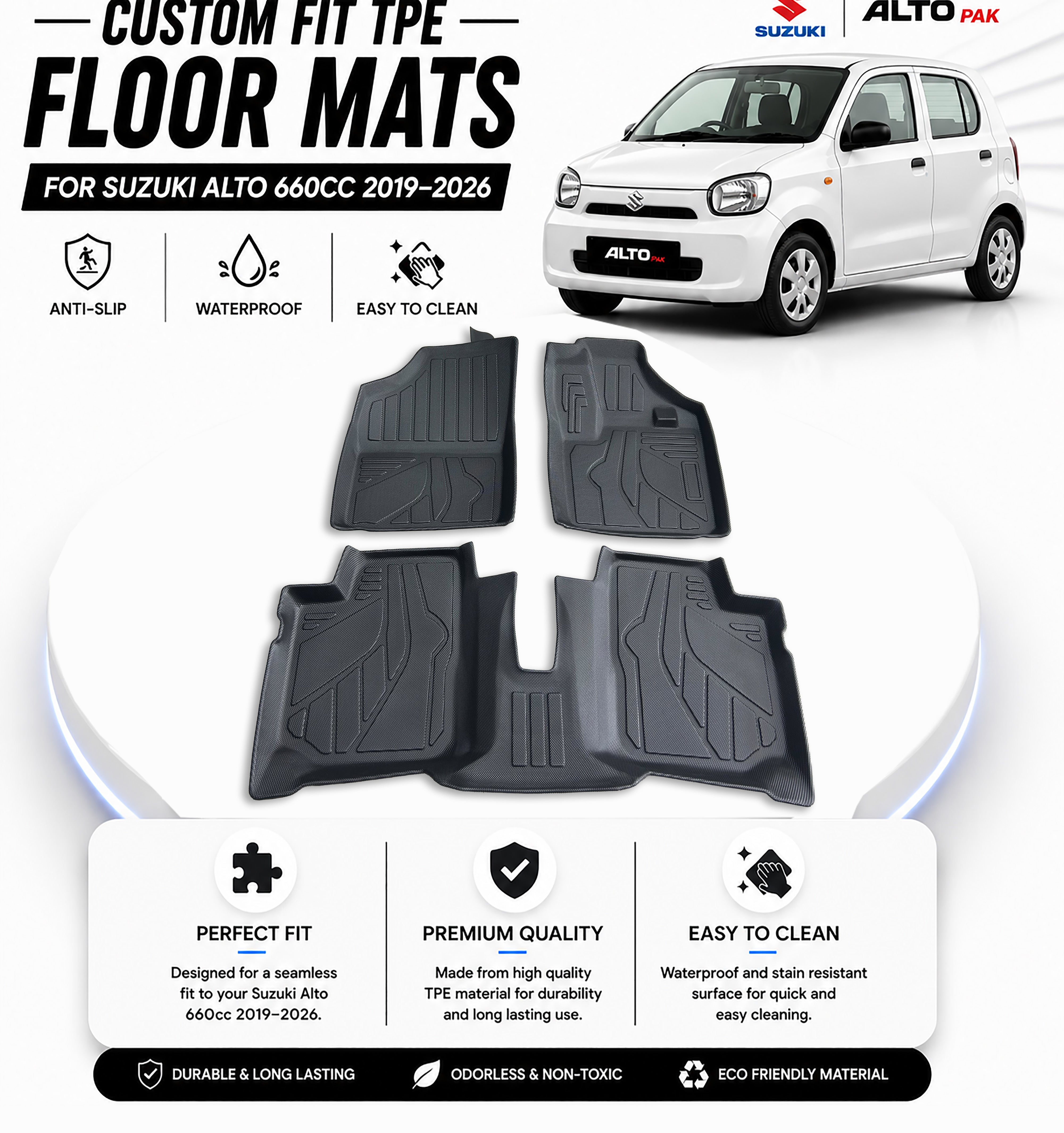 Custom Fit TPE Floor Mats for Suzuki Alto 660cc 2019-2026 – Anti-Slip & Easy to Clean