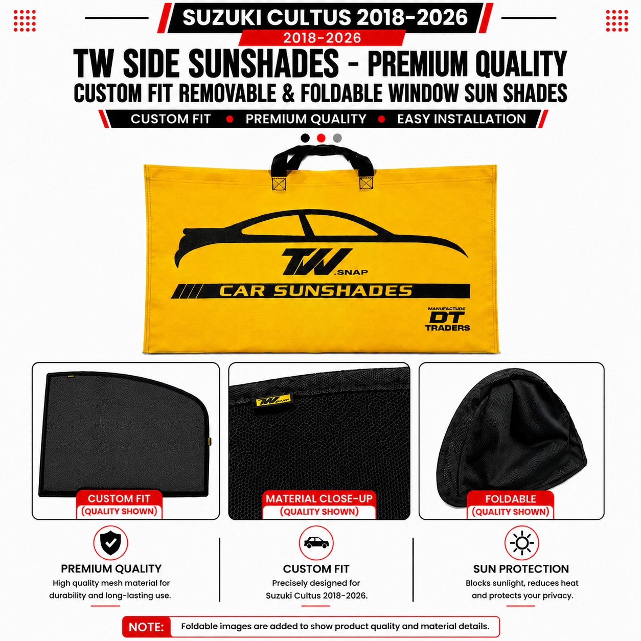 Suzuki Cultus 2018–2026 TW Side Sunshades – Premium Quality Custom Fit Removable & Foldable Window Sun Shades