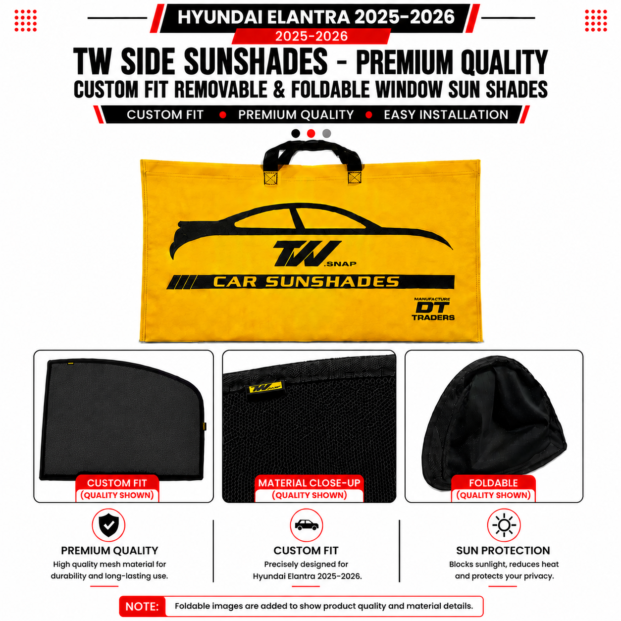 Hyundai Elantra 2025–2026 TW Side Sunshades – Premium Quality Custom Fit Removable & Foldable Window Sun Shades