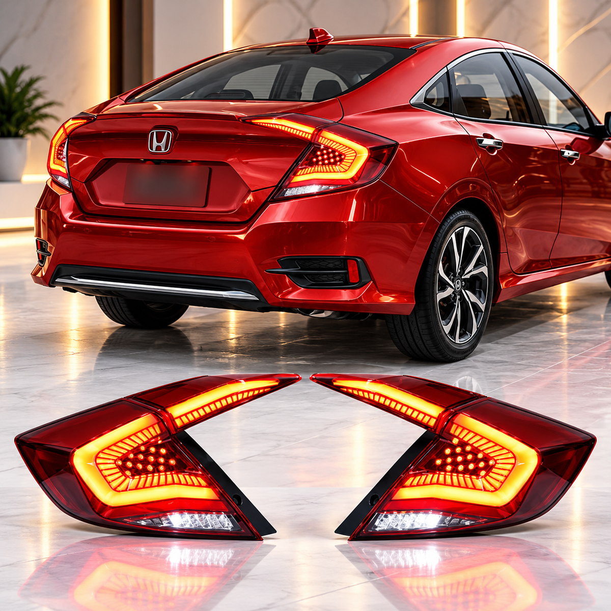 Honda Civic X 2016-2021 Snake Style Red Tail Lights Version 7 - Back Lamps - Rear Lamps