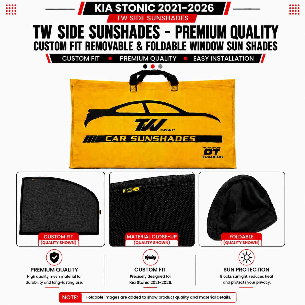 Kia Stonic 2021–2026 TW Side Sunshades – Premium Quality Custom Fit Removable & Foldable Window Sun Shades