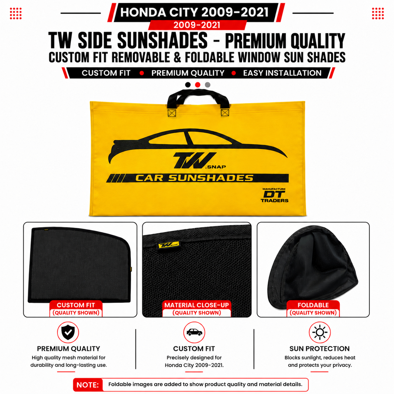 Honda City 2009–2021 TW Side Sunshades – Premium Quality Custom Fit Removable & Foldable Window Sun Shades