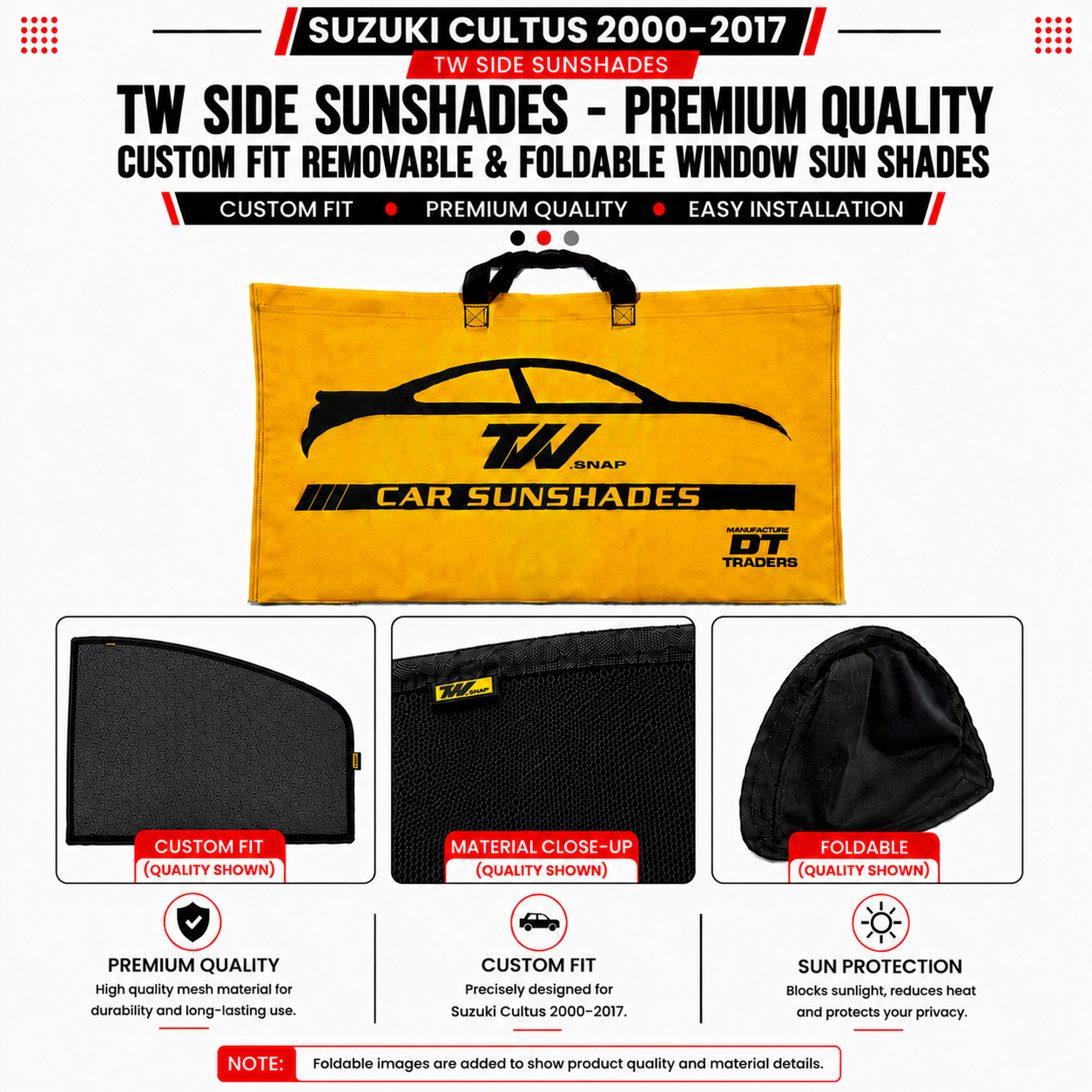 Suzuki Cultus 2000–2017 TW Side Sunshades – Premium Quality Custom Fit Removable & Foldable Window Sun Shades