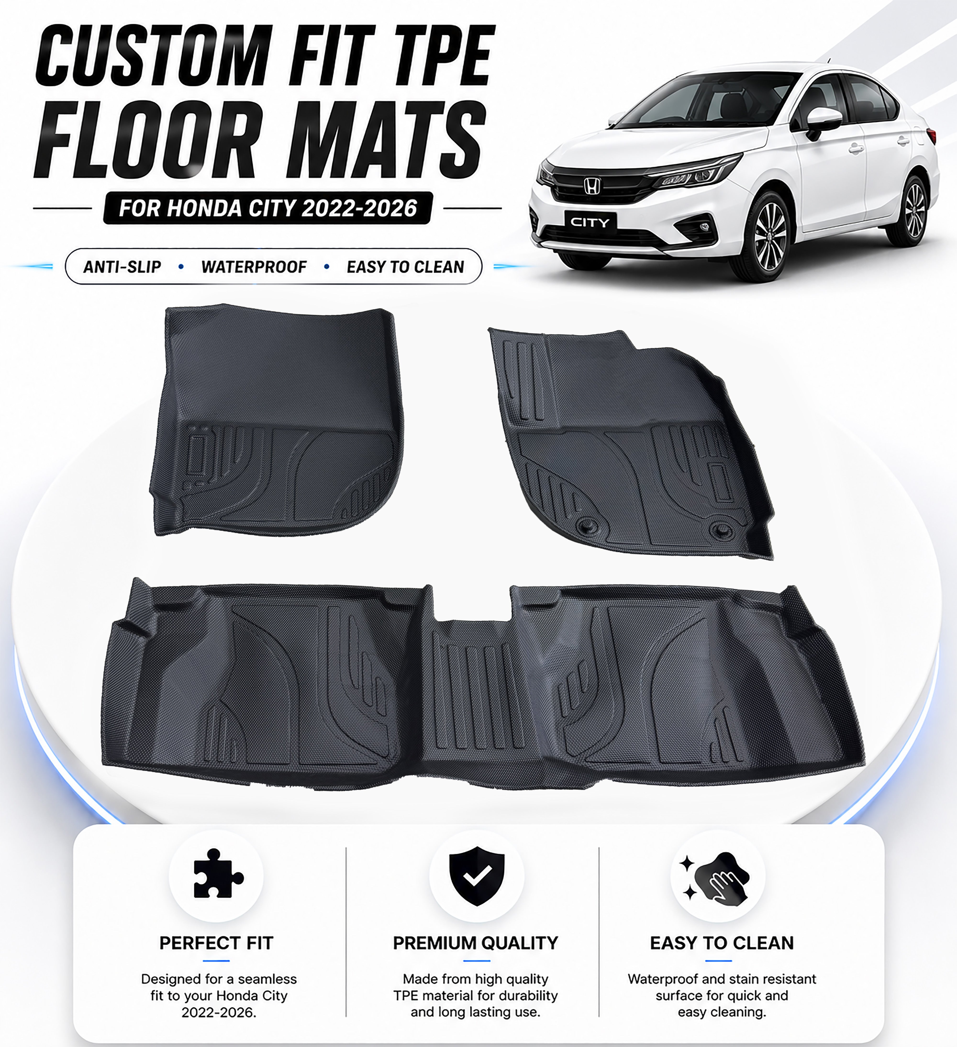 Custom Fit TPE Floor Mats for Honda City 2022-2026 – Anti-Slip & Easy to Clean