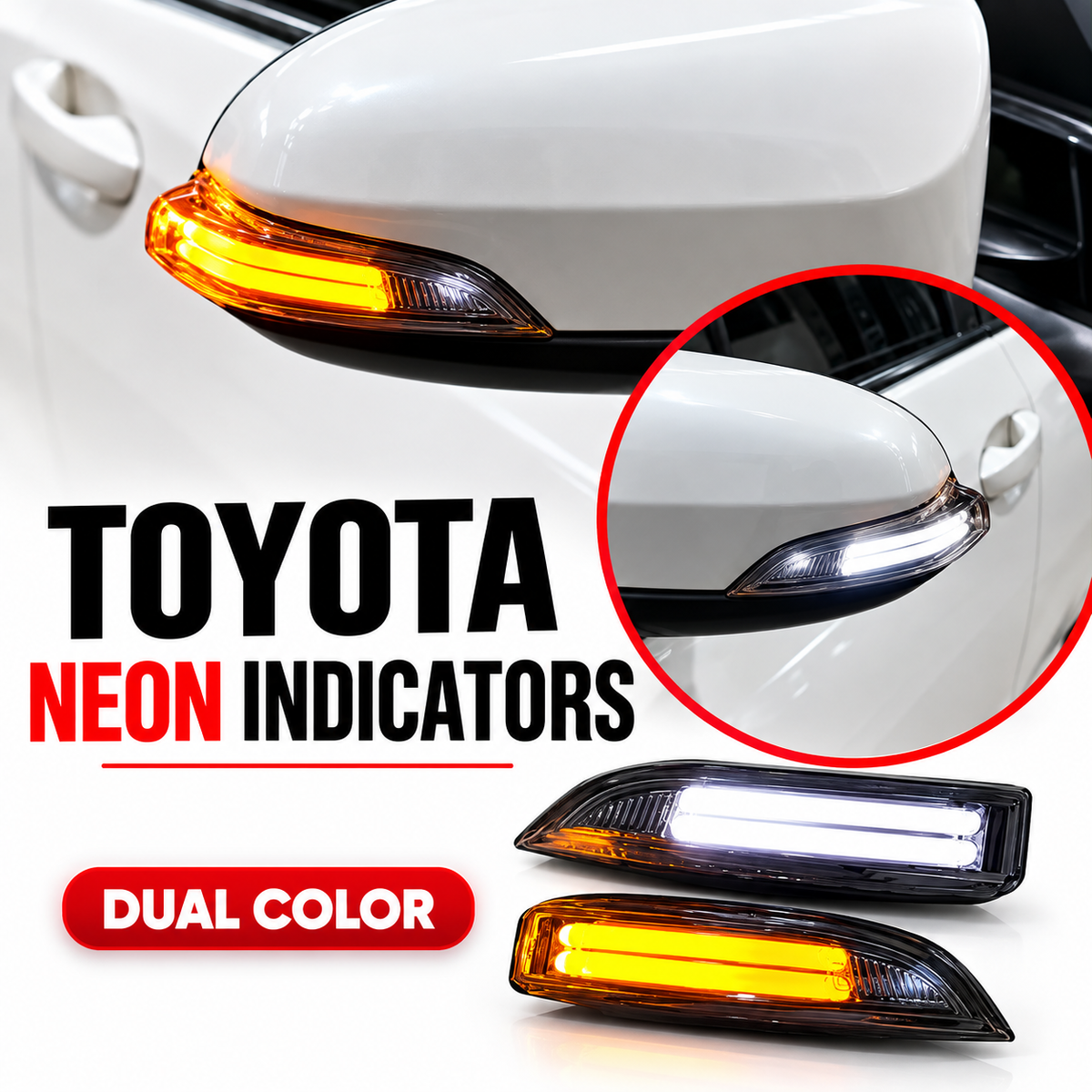 Side Mirror LED Neon Indicator Lights for Toyota Vitz – Dynamic Turn Signal, Parking & Door Lights