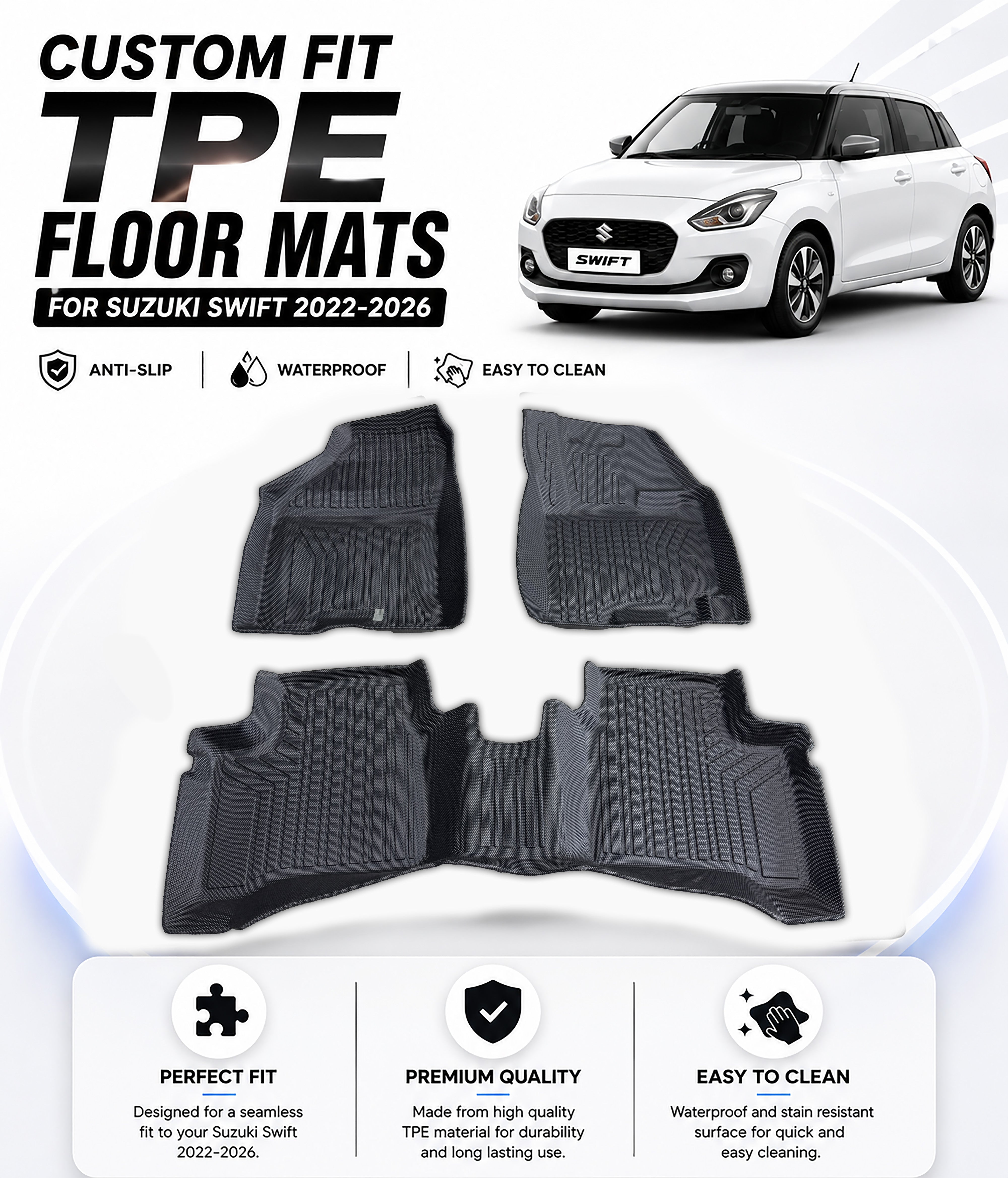 Custom Fit TPE Floor Mats for Suzuki Swift 2022-2026 – Anti-Slip & Easy to Clean