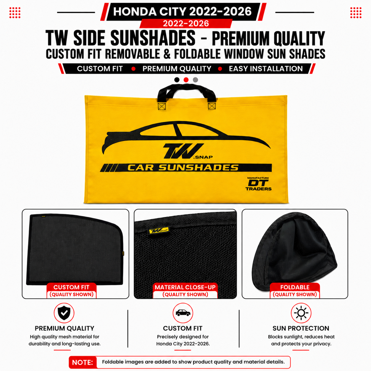 Honda City 2022–2026 TW Side Sunshades – Premium Quality Custom Fit Removable & Foldable Window Sun Shades