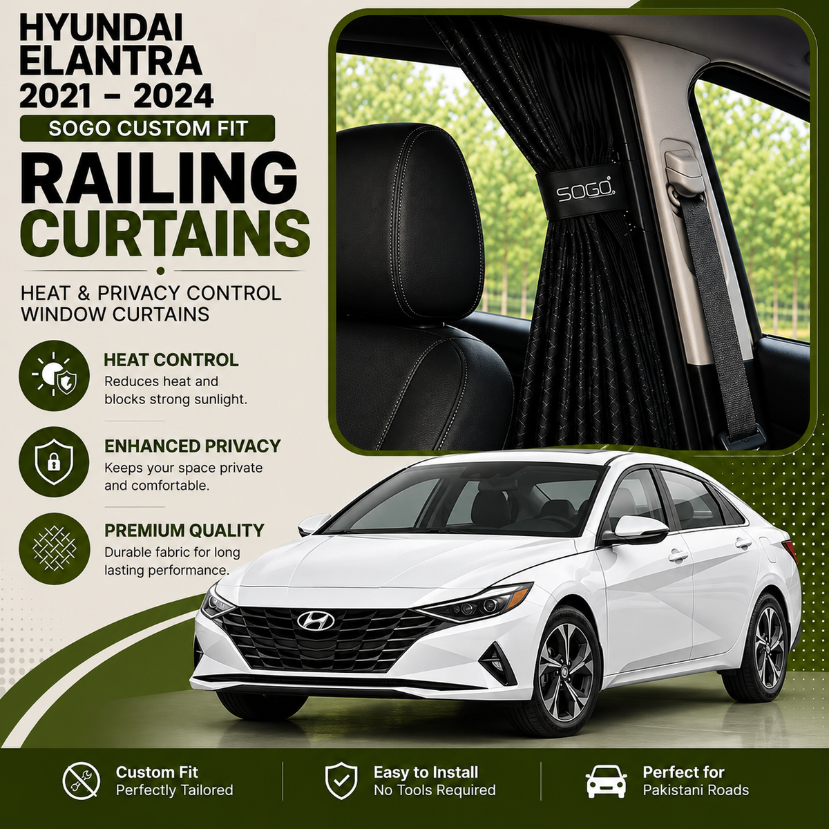 Hyundai Elantra 2021-2024 SOGO Custom Fit Railing Curtains | Heat & Privacy Control Window Curtains