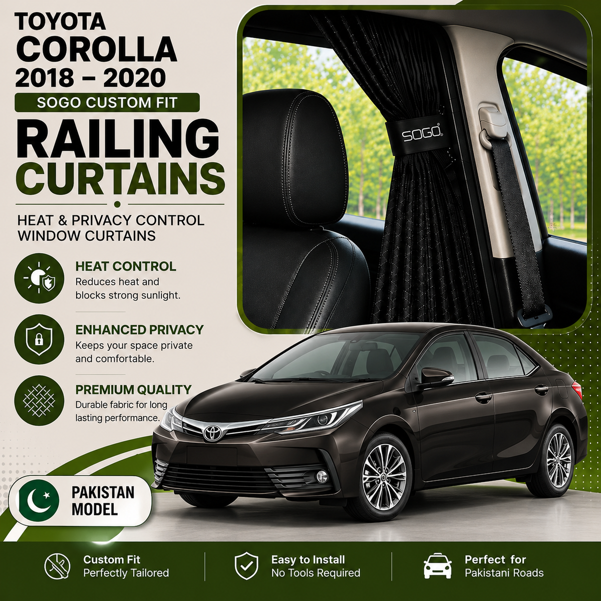 Toyota Corolla 2018-2020 SOGO Custom Fit Railing Curtains | Heat & Privacy Control Window Curtains