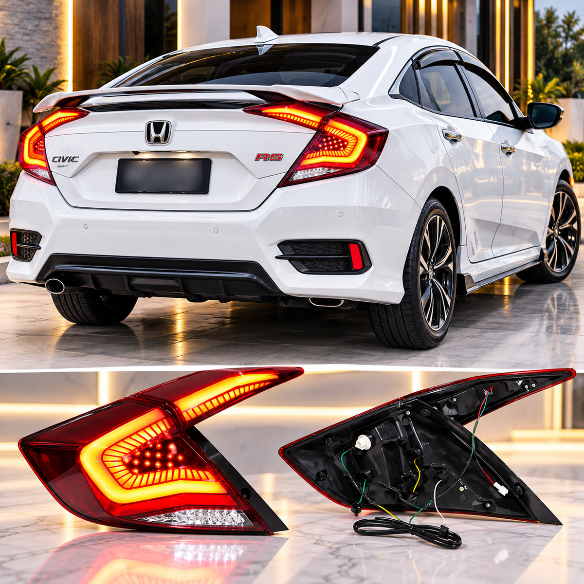 Honda Civic X 2016-2021 Snake Style Red Tail Lights Version 7 - Back Lamps - Rear Lamps
