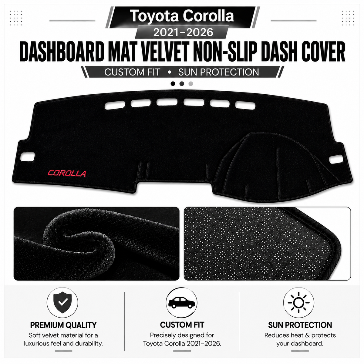 Toyota Corolla 2021-2026 Dashboard Mat Velvet Non-Slip Dash Cover – Custom Fit Sun Protection
