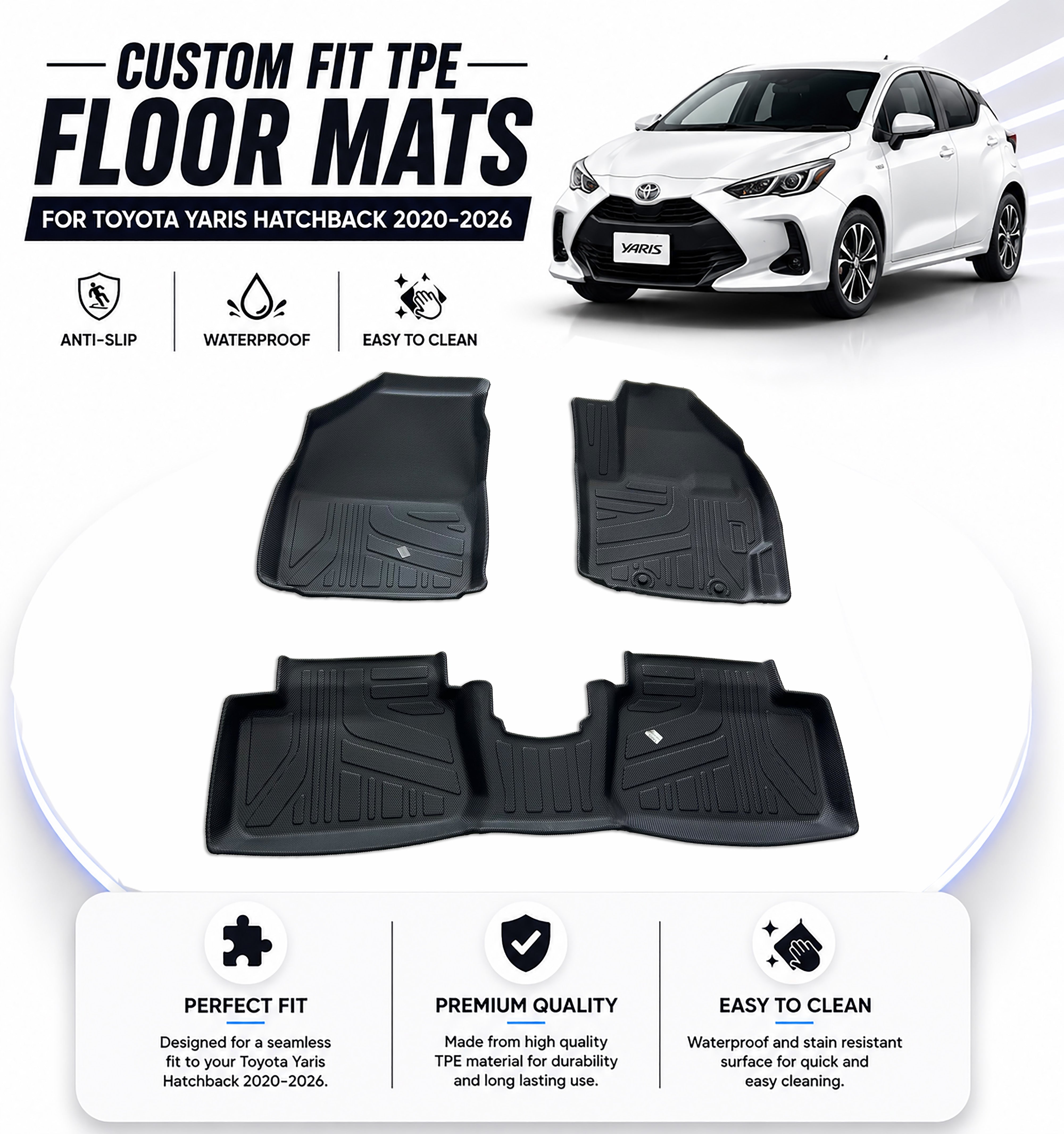 Custom Fit TPE Floor Mats for Toyota Yaris Hatchback 2020-2026 – Anti-Slip & Easy to Clean