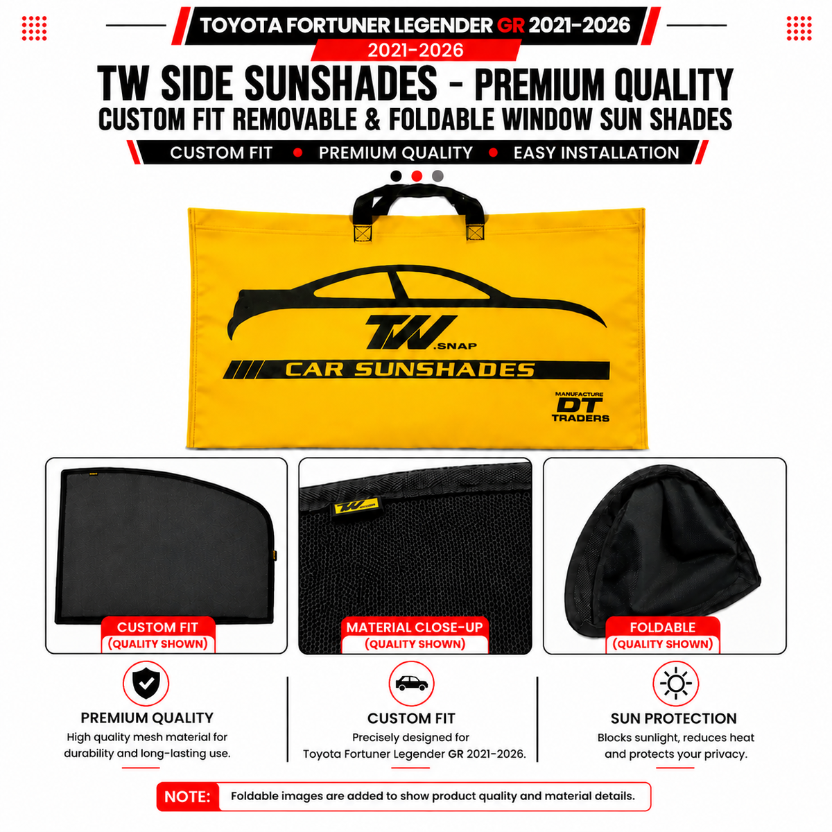 Toyota Fortuner Legender GR 2021-2026 TW Side Curtains Sunshades – Premium Quality Custom Fit Removable & Foldable Window Sun Shades