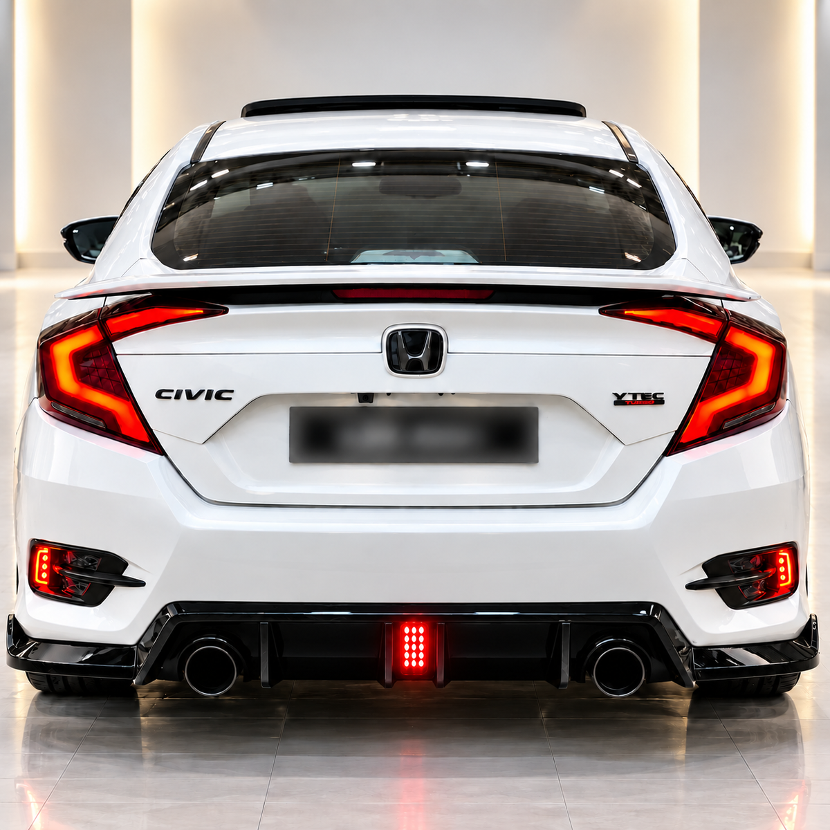 Honda Civic X 2016-2021 Piano Black Rear Bumper - Back Bumper Diffuser With Light