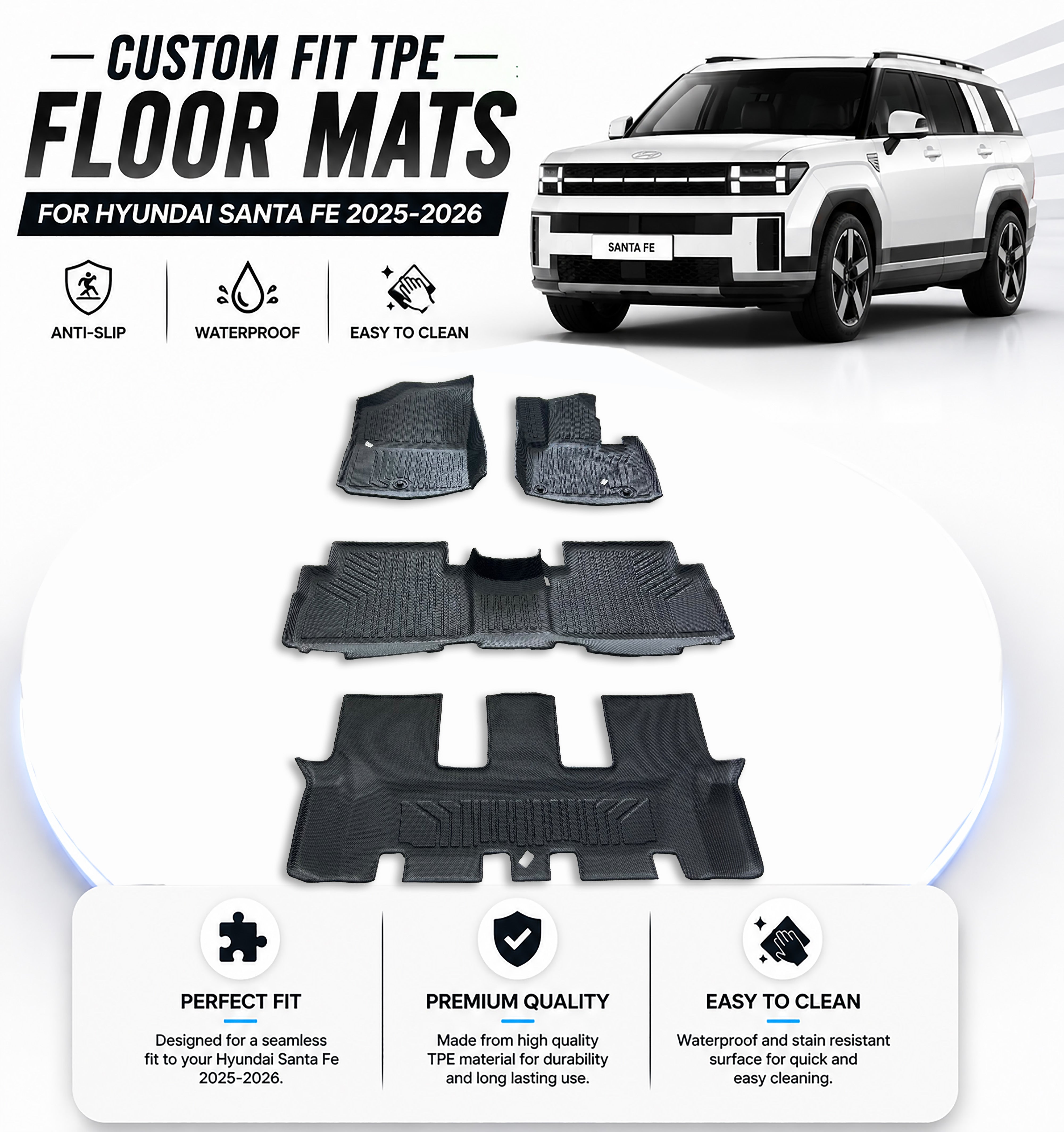 Custom Fit TPE Floor Mats for Hyundai Santa Fe 2025-2026 – Anti-Slip & Easy to Clean