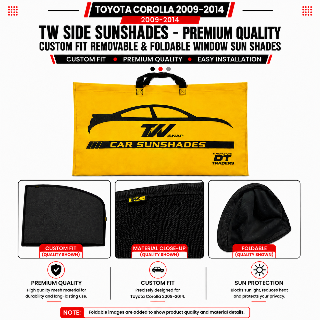 Toyota Corolla 2009–2014 TW Side Sunshades – Premium Quality Custom Fit Removable & Foldable Window Sun Shades