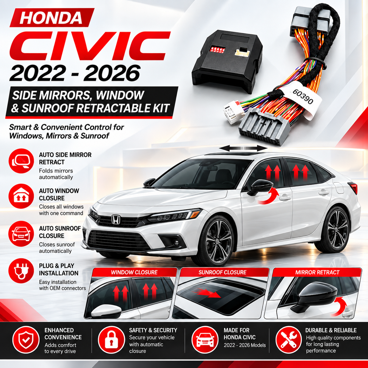 Honda Civic Xi 2022-2026 Grip to Grip Side Mirrors, Window & Sunroof Retractable Kit