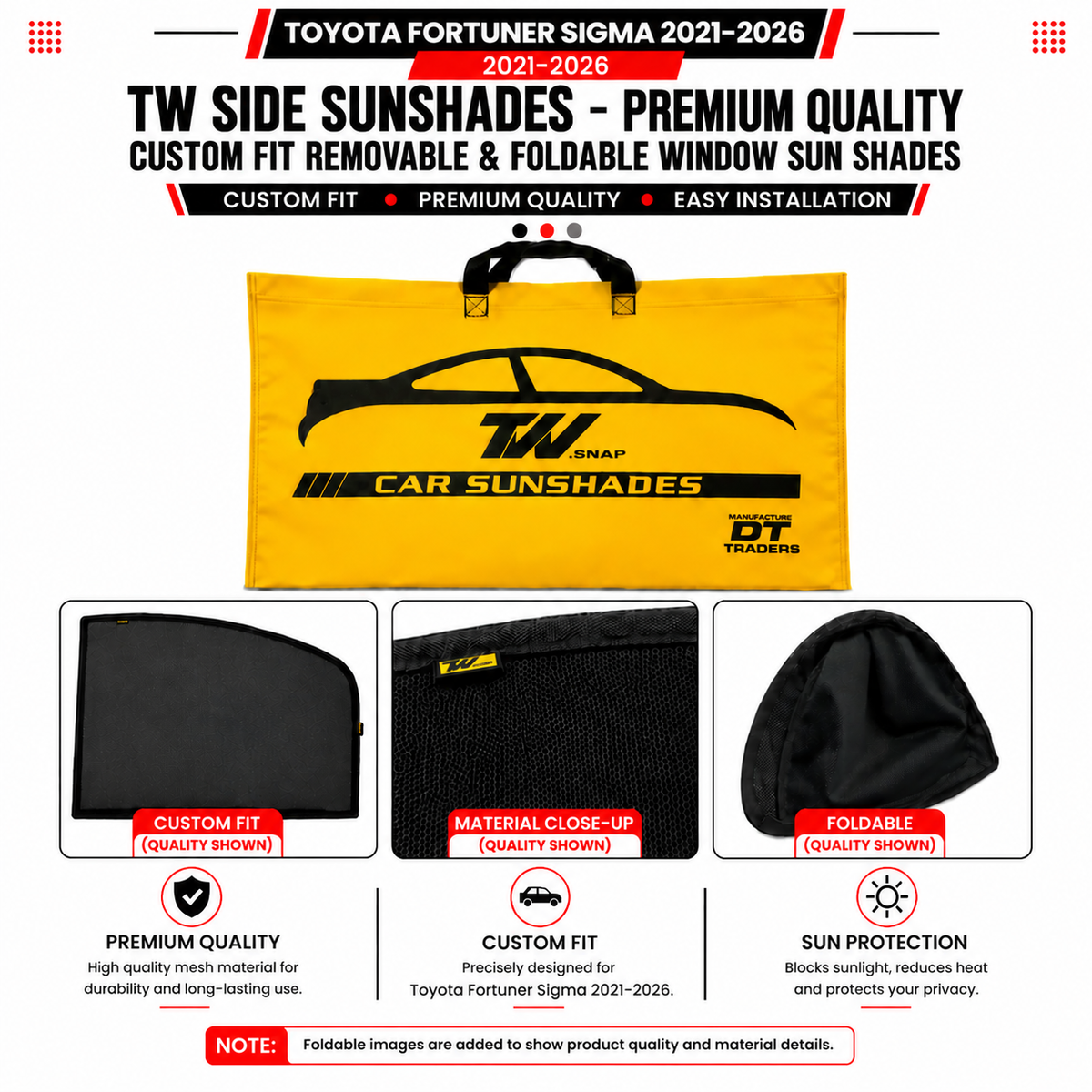 Toyota Fortuner Sigma 2021-2026 TW Side Curtains Sunshades – Premium Quality Custom Fit Removable & Foldable Window Sun Shades