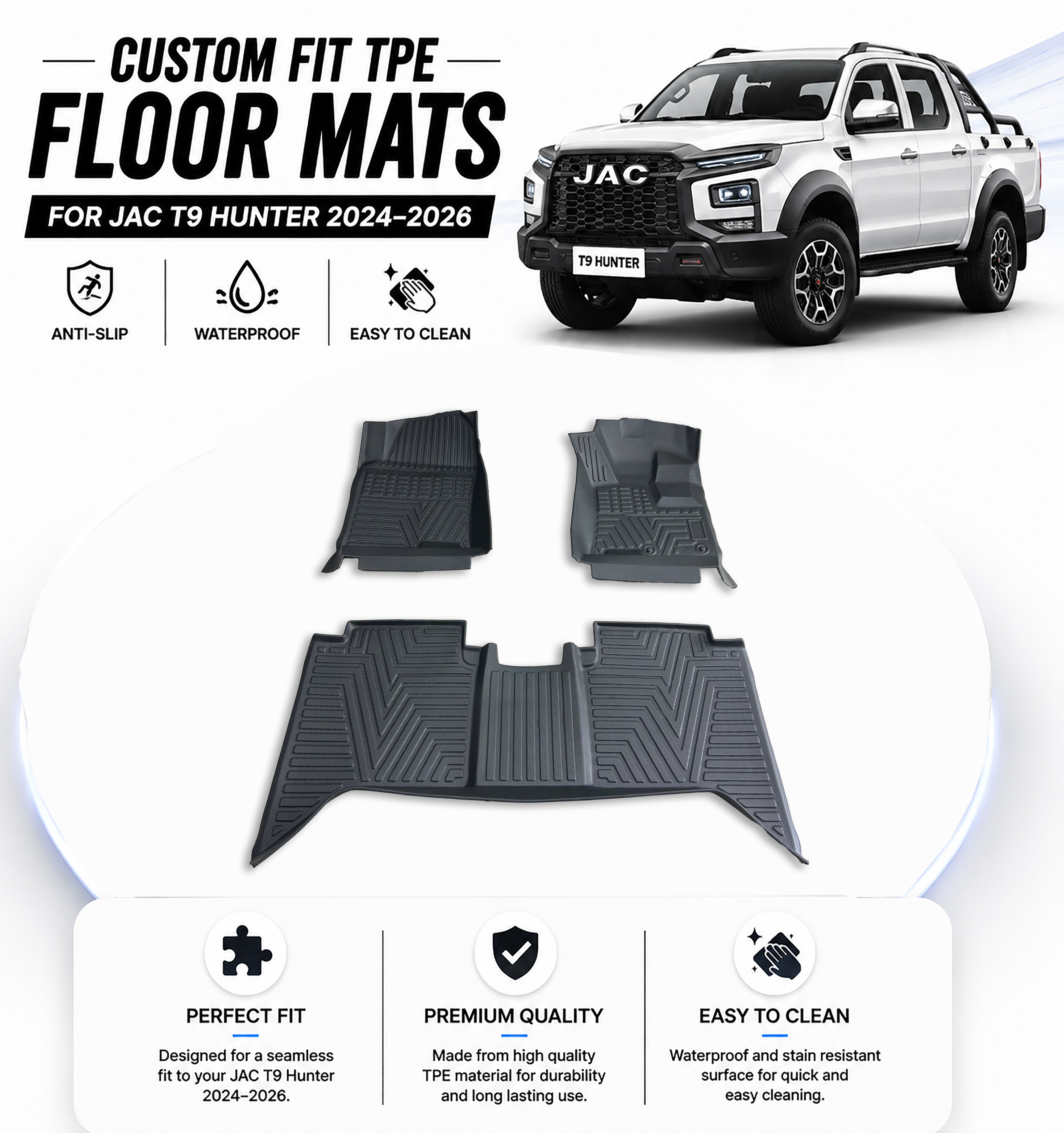 Custom Fit TPE Floor Mats for JAC T9 Hunter 2024-2026 – Anti-Slip & Easy to Clean