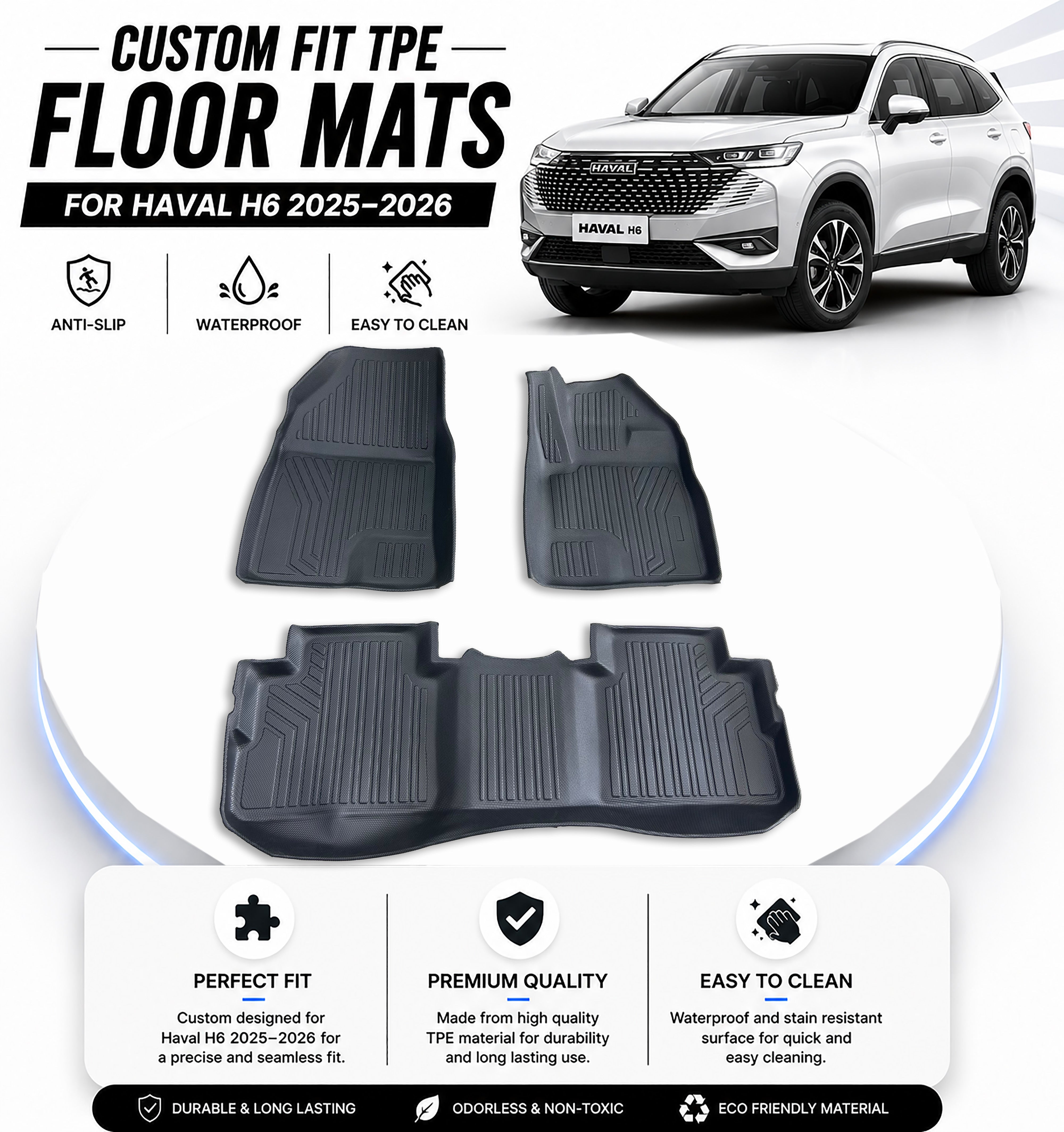 Custom Fit TPE Floor Mats for Haval H6 2025-2026 – Anti-Slip & Easy to Clean