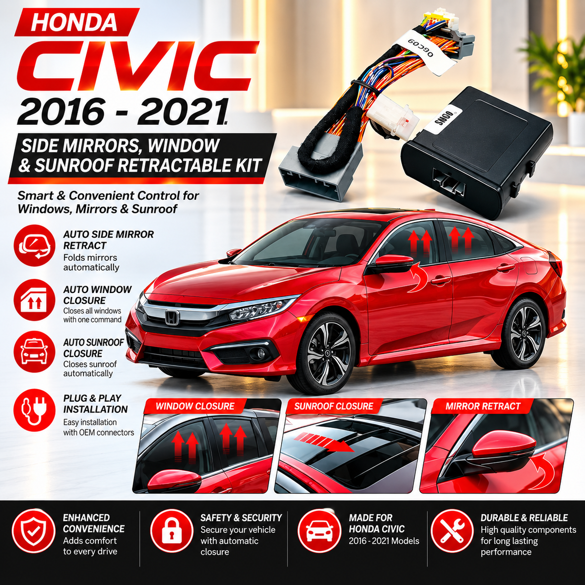 Honda Civic X 2016-2021 Grip to Grip Side Mirrors, Window & Sunroof Retractable Kit