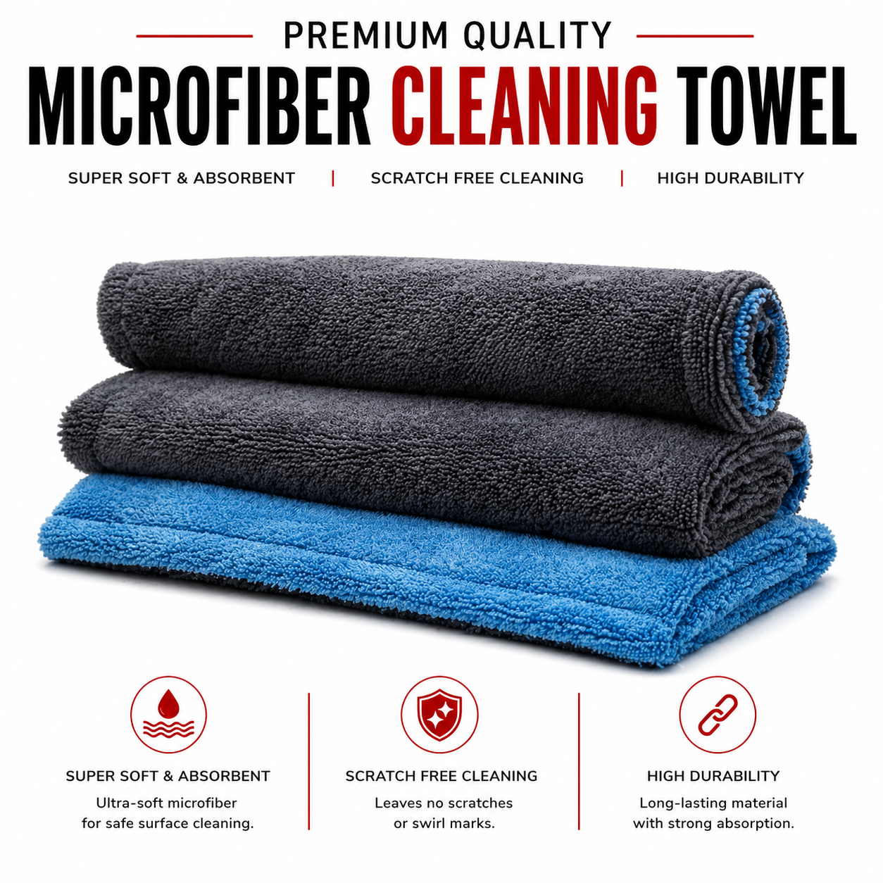 Premium Microfiber Cleaning Towel Ultra Soft Absorbent Scratch Free Car Cleaning Cloth Durable