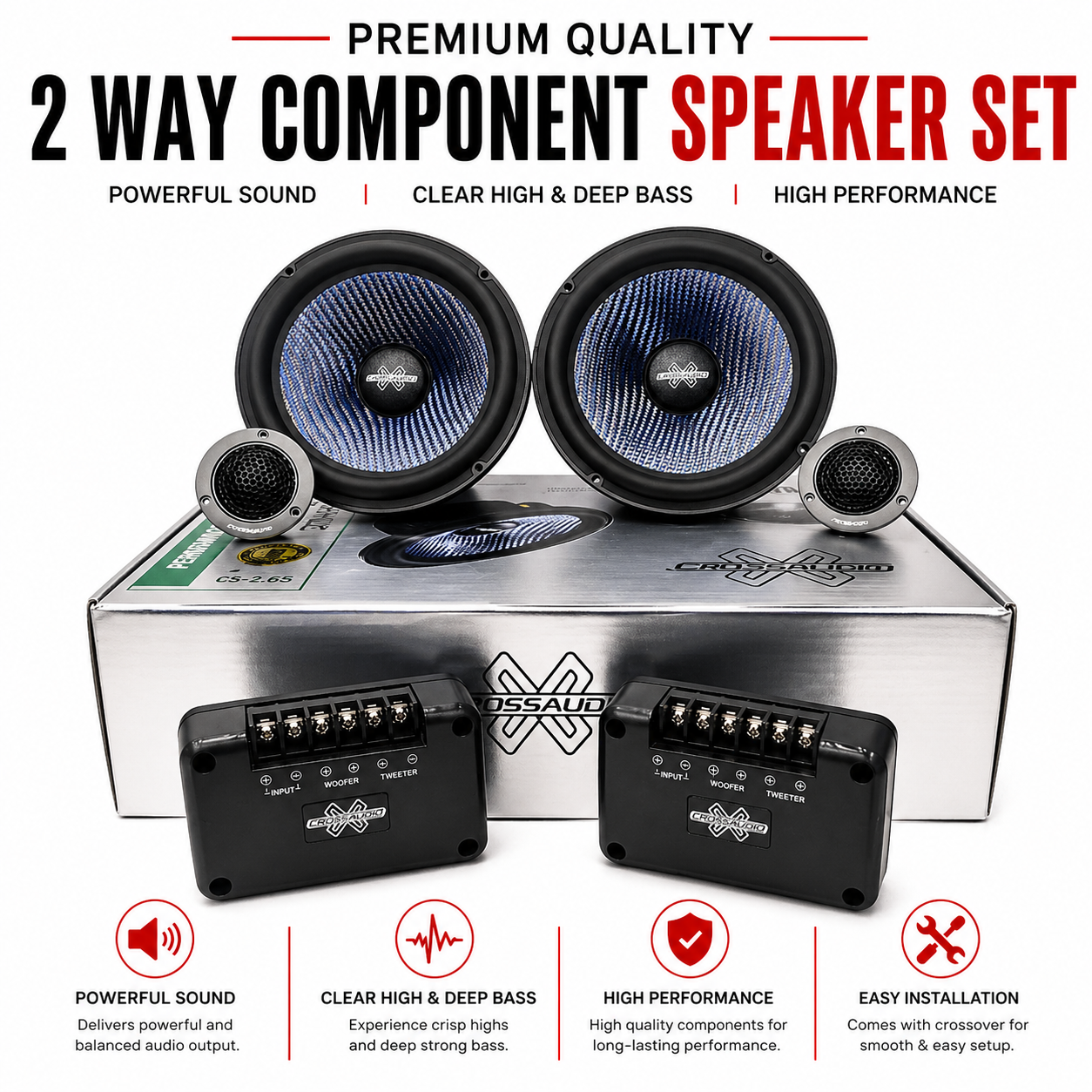 2 Way Component Speaker Set Car Audio System High Performance Tweeter Woofer Kit CFM-65Pro
