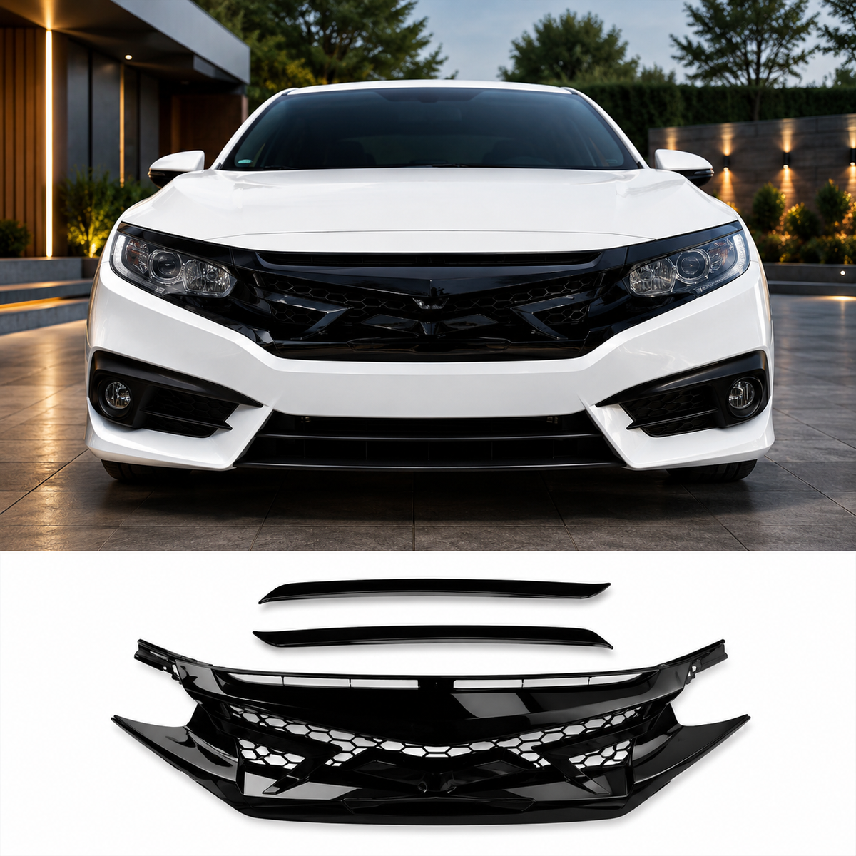 Honda Civic 2016-2021 Piano Black Batman Style Grill