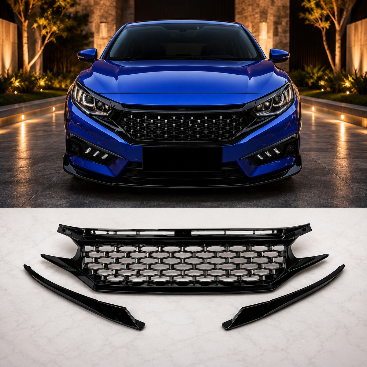 Honda Civic 2016-2021 Piano Black Diamond Style Front Grill