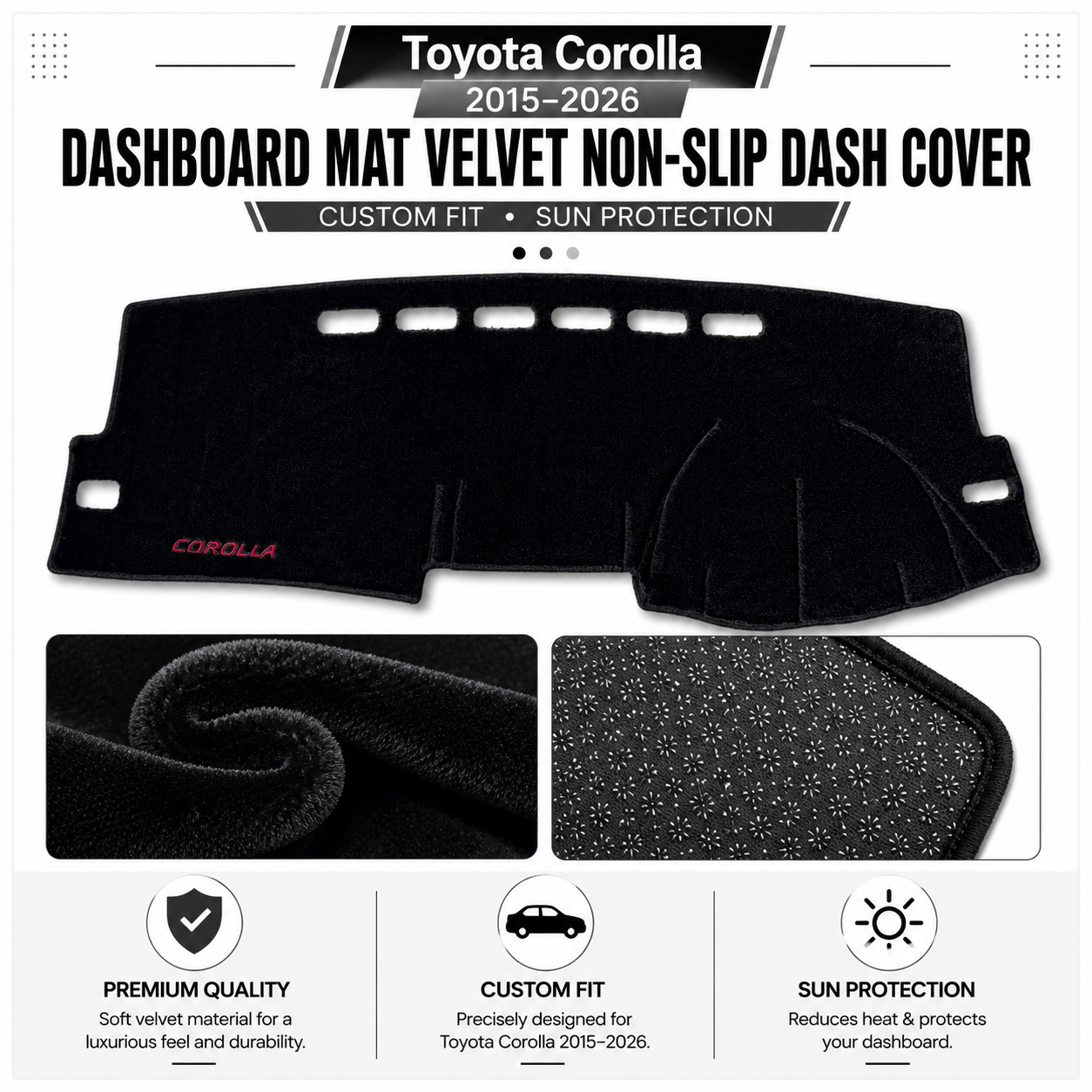 Toyota Corolla 2015–2026 Dashboard Mat Velvet Non-Slip Dash Cover – Custom Fit Sun Protection