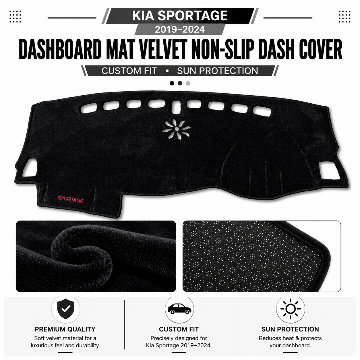 Kia Sportage 2019–2024 Dashboard Mat Velvet Non-Slip Dash Cover – Custom Fit Sun Protection