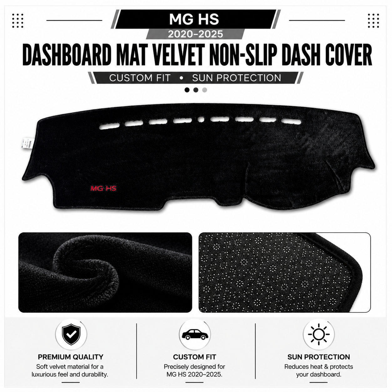 MG HS 2020–2025 Dashboard Mat Velvet Non-Slip Dash Cover – Custom Fit Sun Protection
