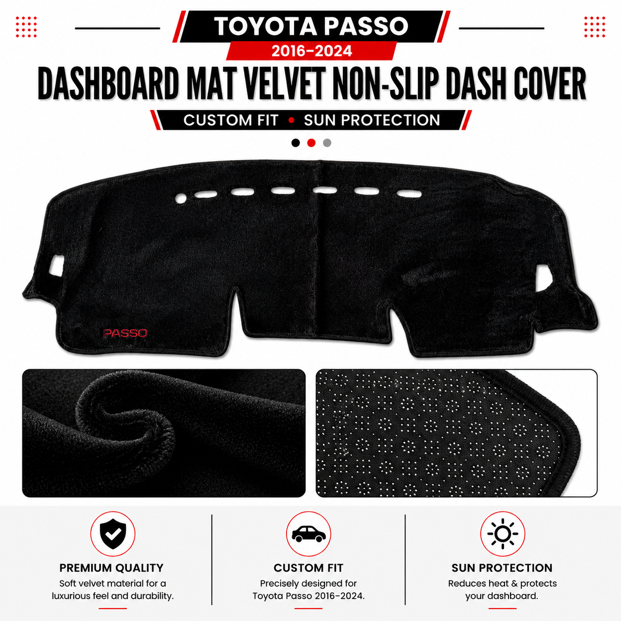 Toyota Passo 2016–2024 Dashboard Mat Velvet Non-Slip Dash Cover – Custom Fit Sun Protection