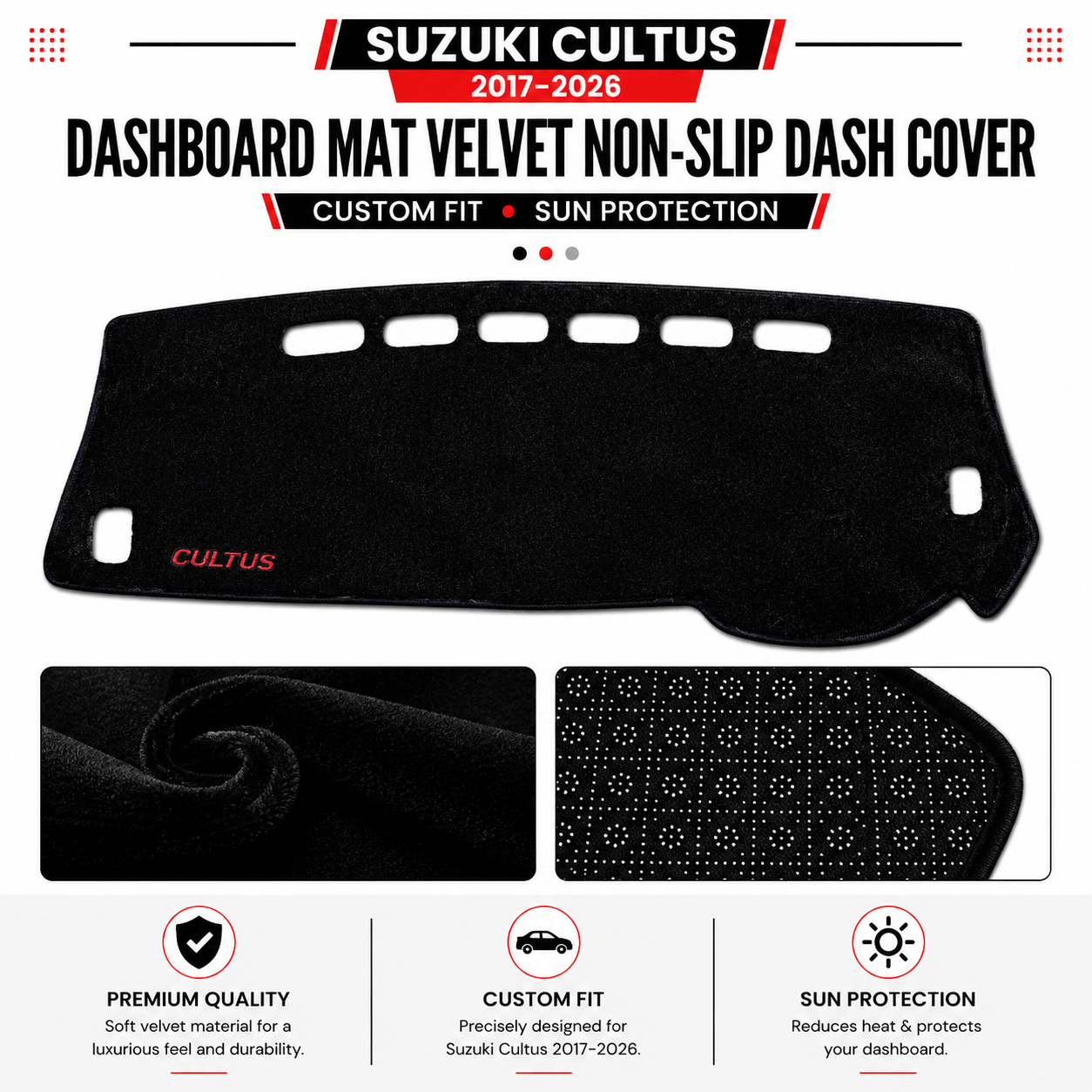 Suzuki Cultus 2017–2026 Dashboard Mat Velvet Non-Slip Dash Cover – Custom Fit Sun Protection