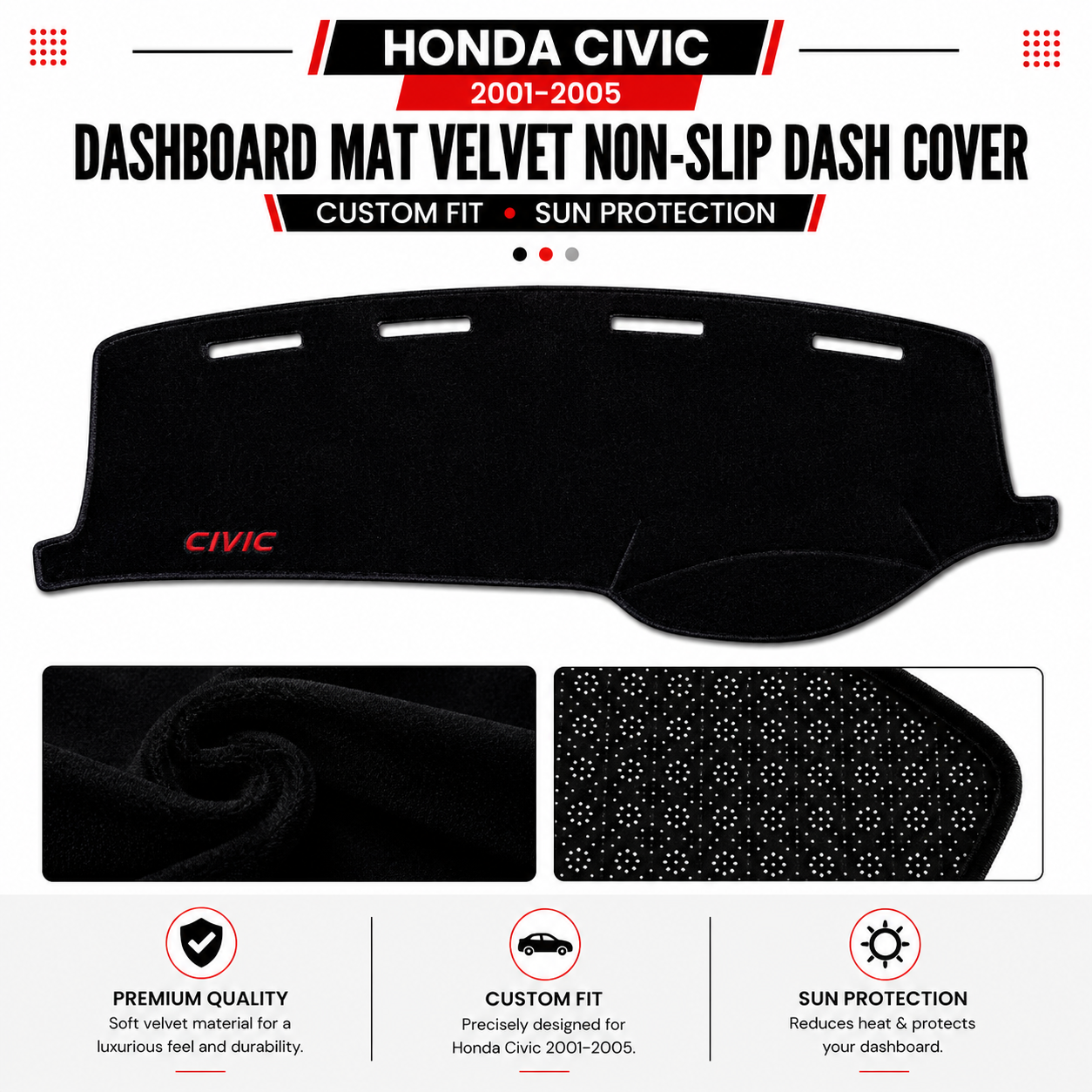 Honda Civic 2001–2005 Dashboard Mat Velvet Non-Slip Dash Cover – Custom Fit Sun Protection