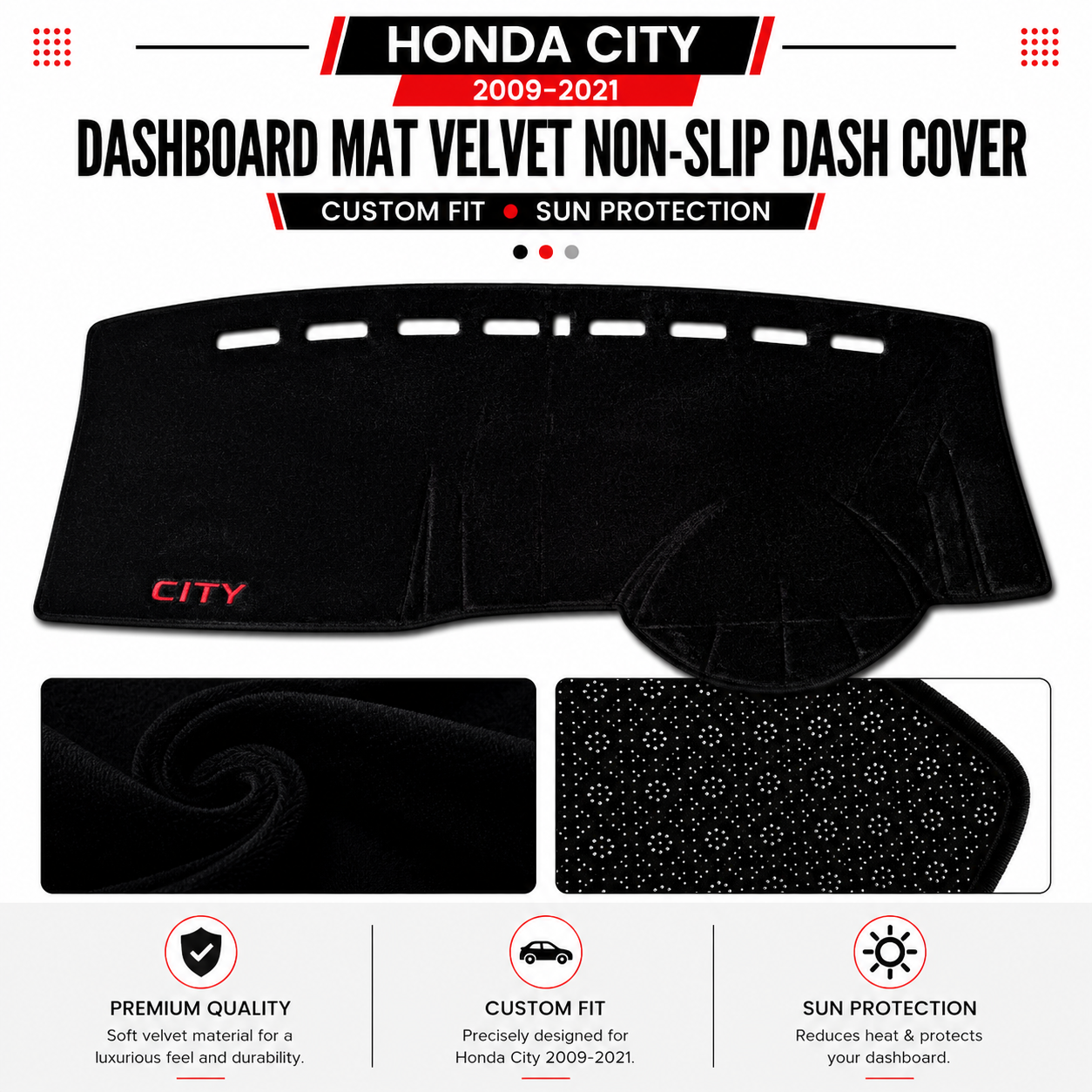 Honda City 2009–2021 Dashboard Mat Velvet Non-Slip Dash Cover – Custom Fit Sun Protection