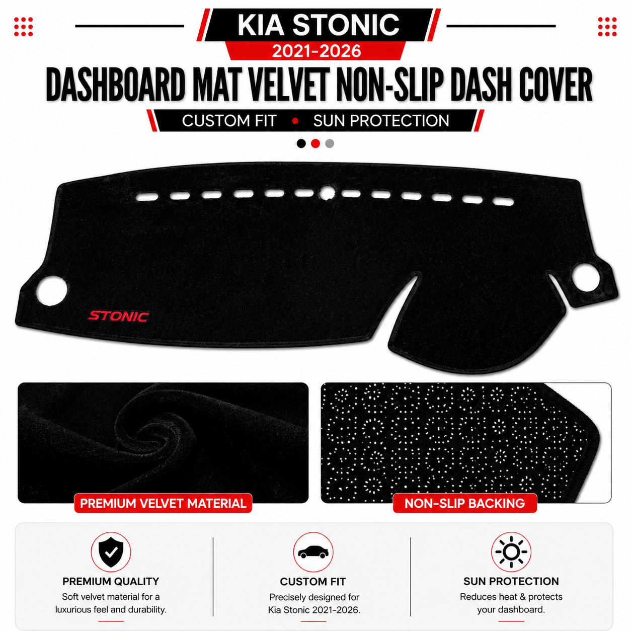 Kia Stonic 2021–2026 Dashboard Mat Velvet Non-Slip Dash Cover – Custom Fit Sun Protection