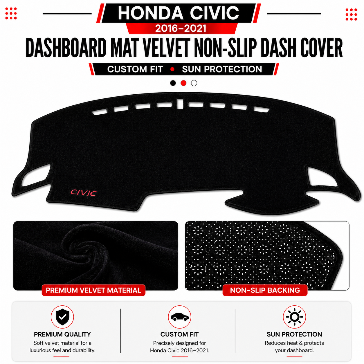 Honda Civic 2016–2021 Dashboard Mat Velvet Non-Slip Dash Cover – Custom Fit Sun Protection