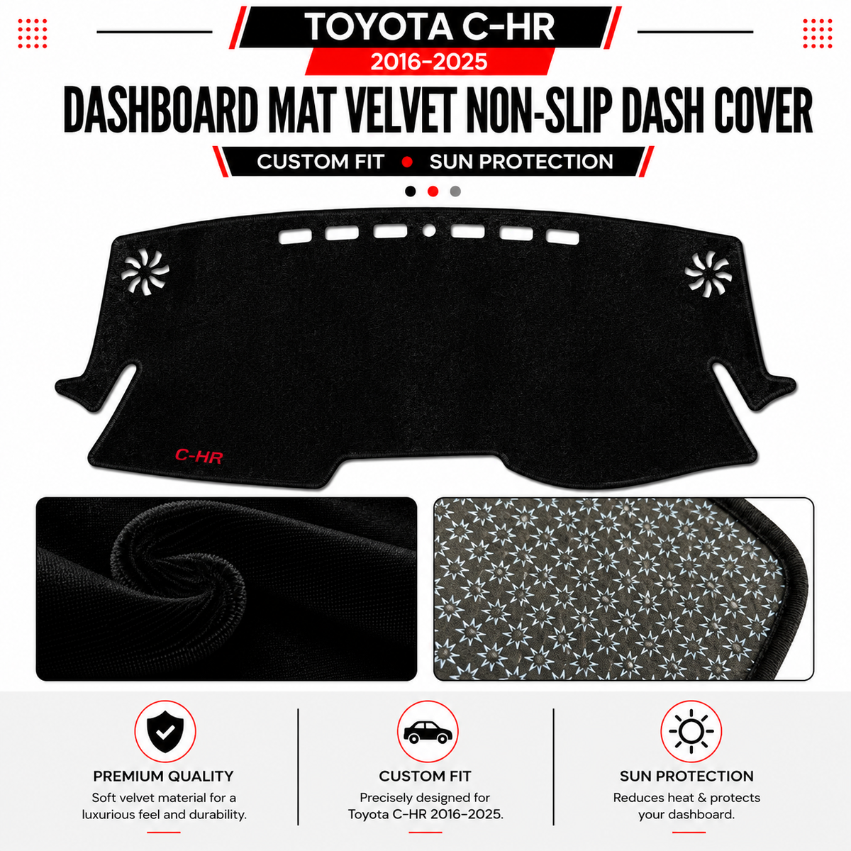 Toyota C-HR 2016–2025 Dashboard Mat Velvet Non-Slip Dash Cover – Custom Fit Sun Protection