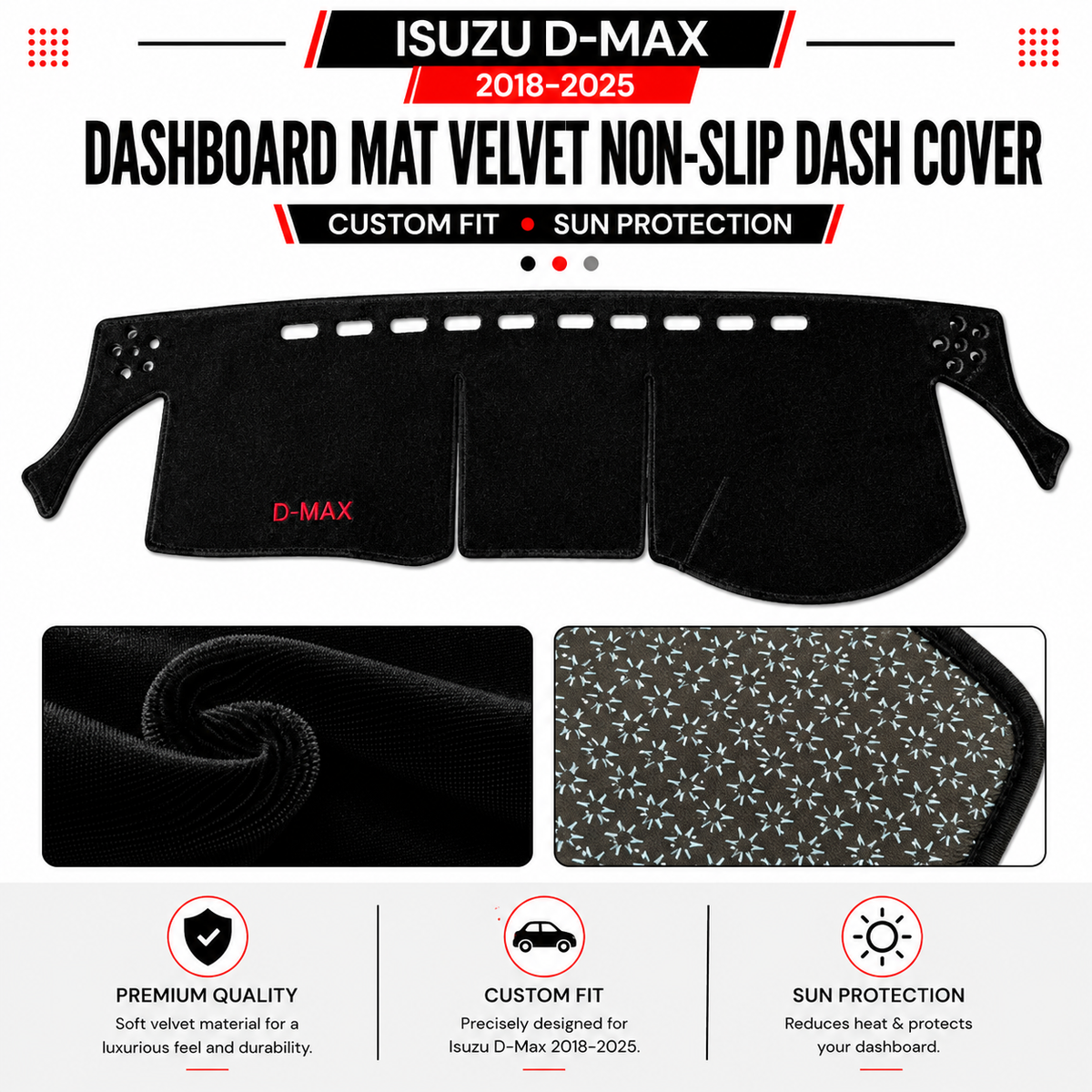 Isuzu D-Max 2018–2025 Dashboard Mat Velvet Non-Slip Dash Cover – Custom Fit Sun Protection