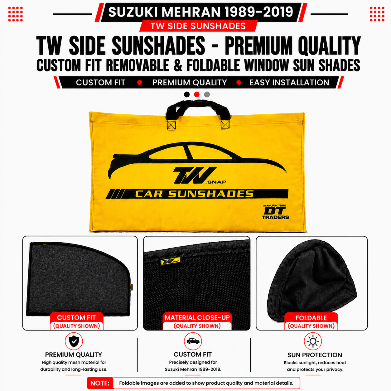 Suzuki Mehran 1989–2019 TW Side Sunshades – Premium Quality Custom Fit Removable & Foldable Window Sun Shades