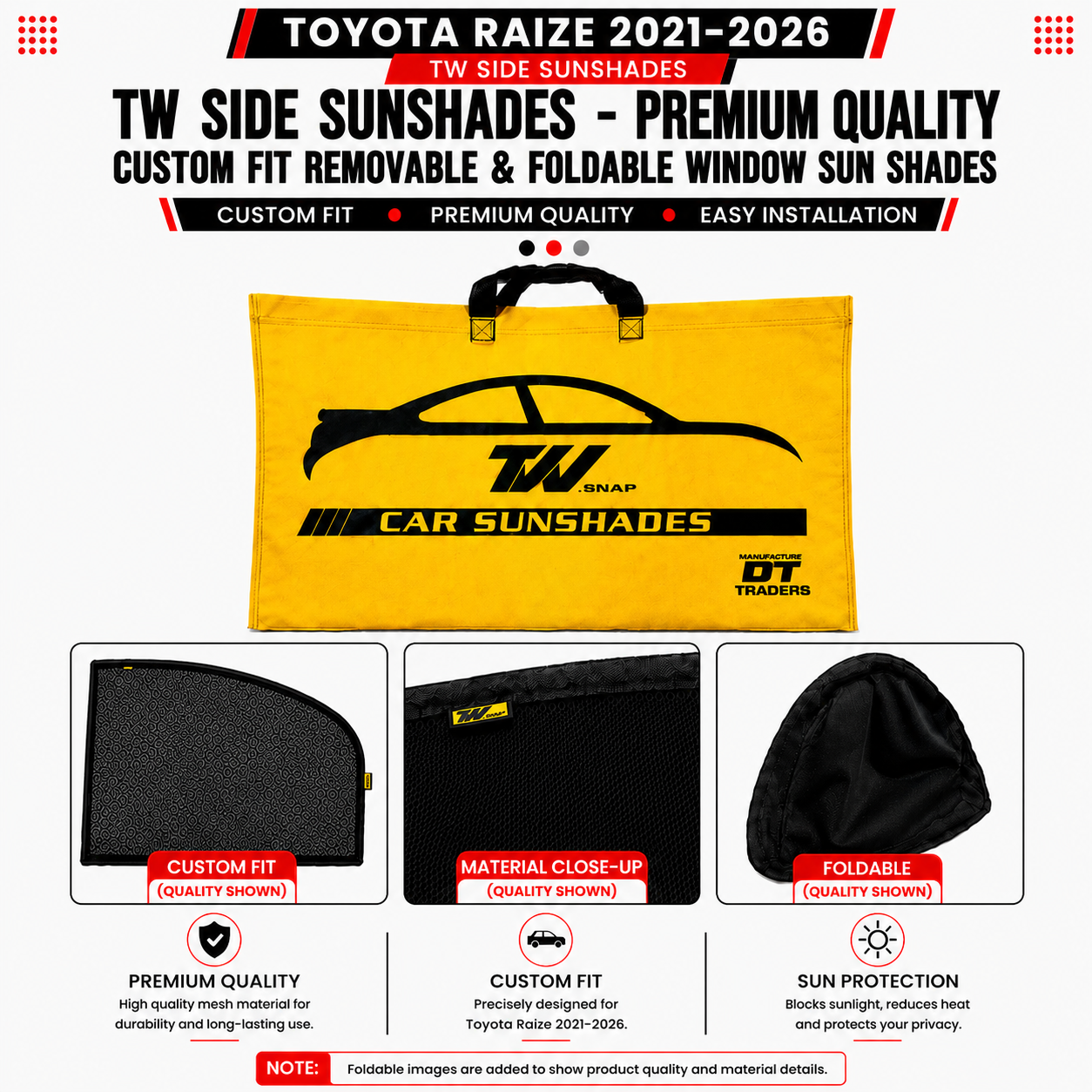 Toyota Raize 2021–2026 TW Side Sunshades – Premium Quality Custom Fit Removable & Foldable Window Sun Shades