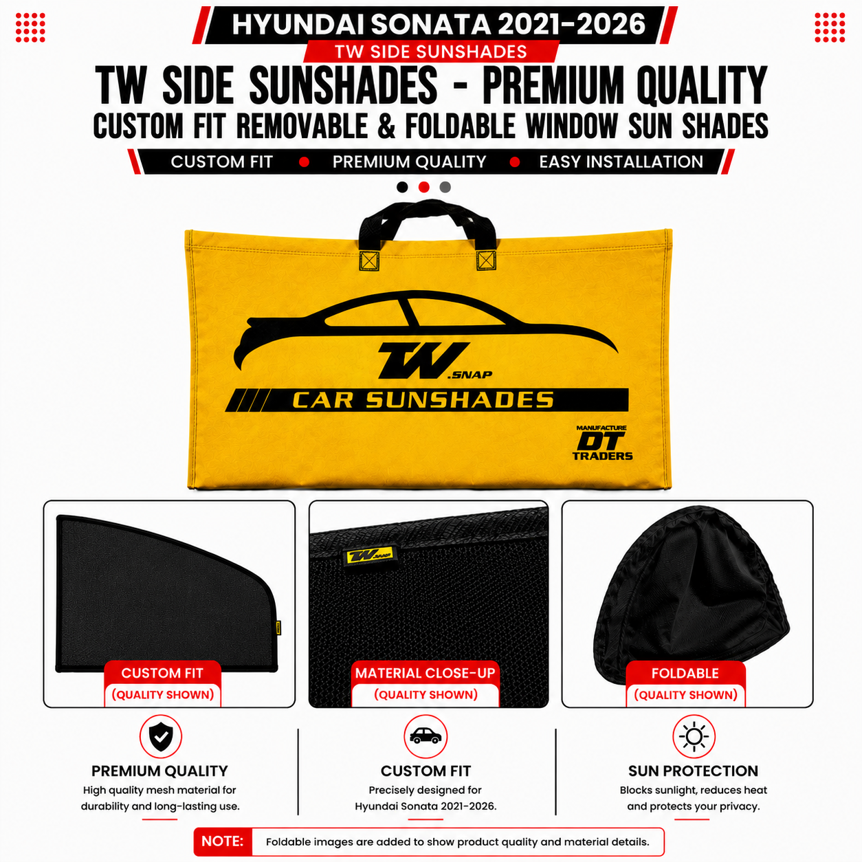 Hyundai Sonata 2021–2026 TW Side Sunshades – Premium Quality Custom Fit Removable & Foldable Window Sun Shades