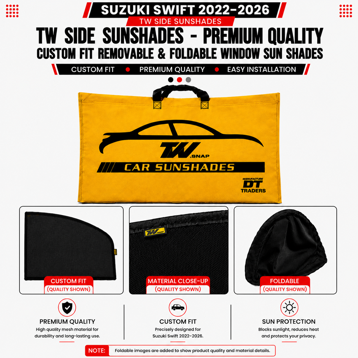 Suzuki Swift 2022–2026 TW Side Sunshades – Premium Quality Custom Fit Removable & Foldable Window Sun Shades