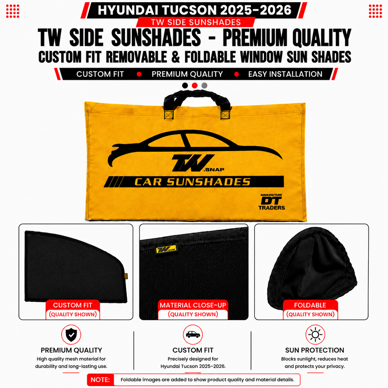 Hyundai Tucson 2025–2026 TW Side Sunshades – Premium Quality Custom Fit Removable & Foldable Window Sun Shades