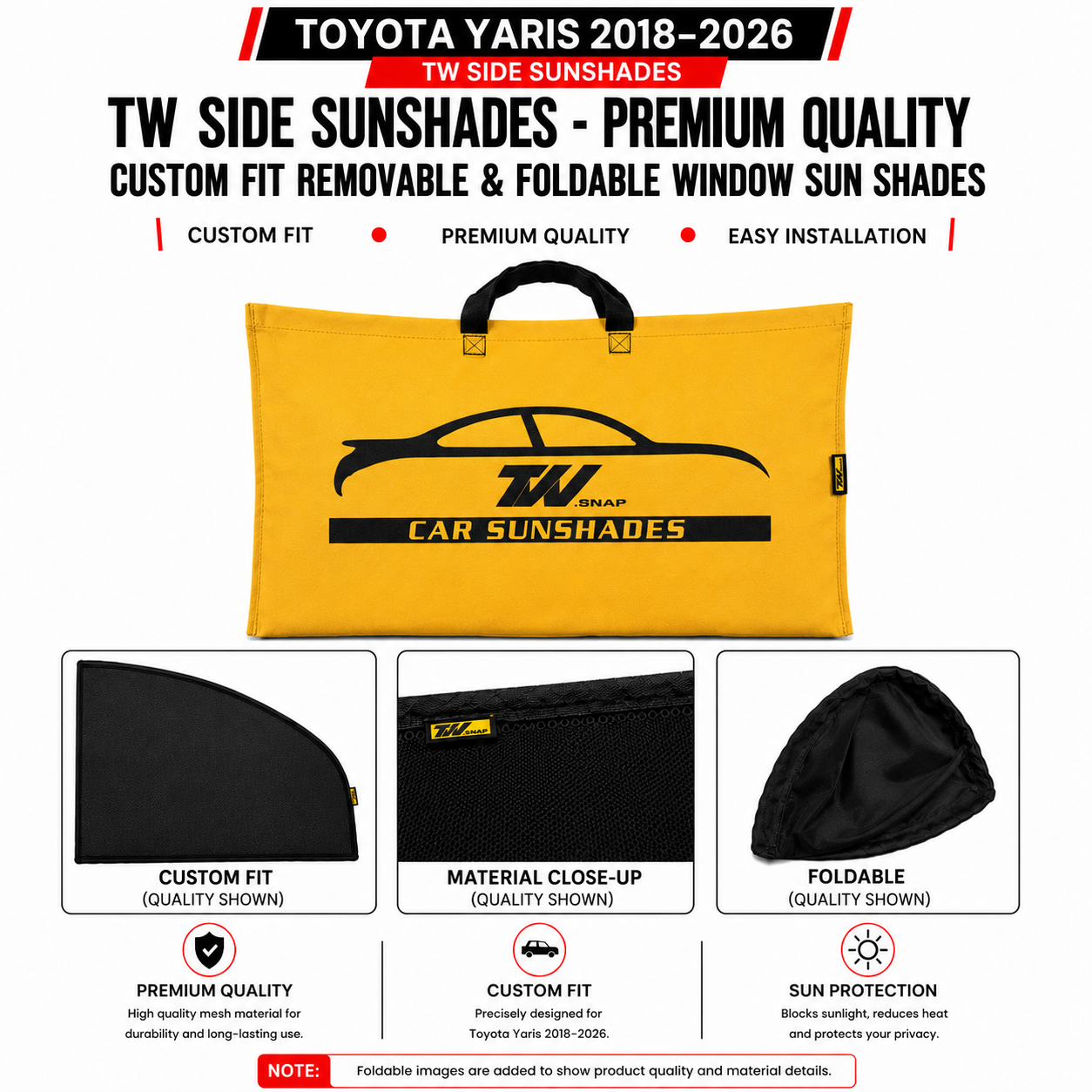 Toyota Yaris 2018–2026 TW Side Sunshades – Premium Quality Custom Fit Removable & Foldable Window Sun Shades