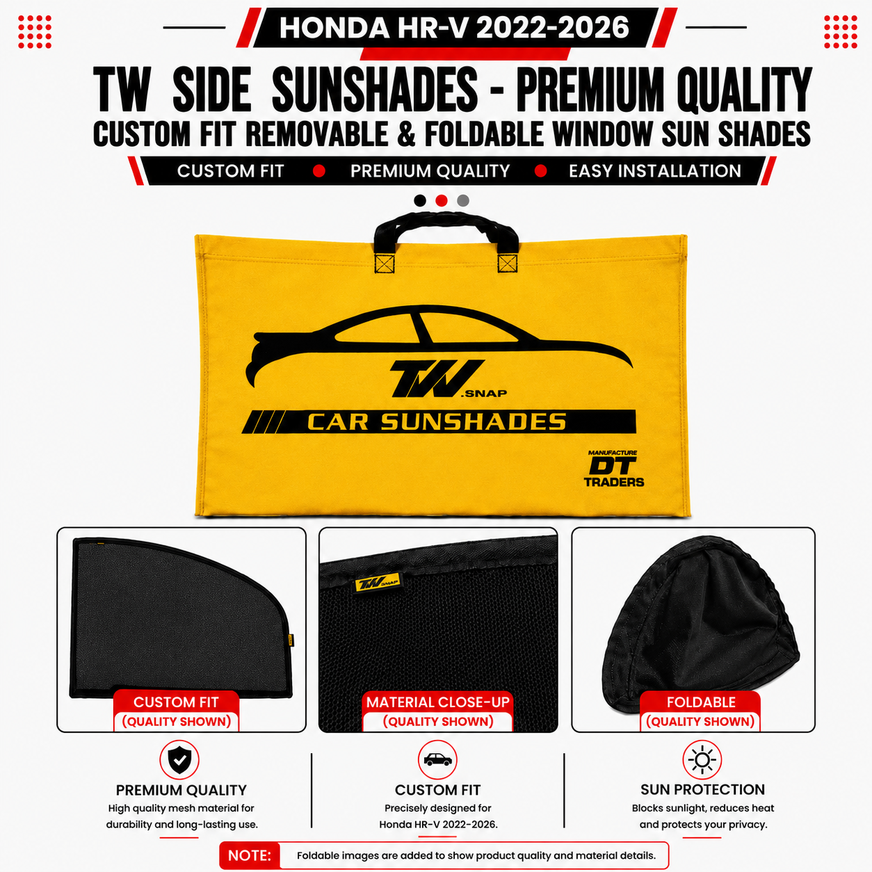 Honda HR-V 2022–2026 TW Side Sunshades – Premium Quality Custom Fit Removable & Foldable Window Sun Shades